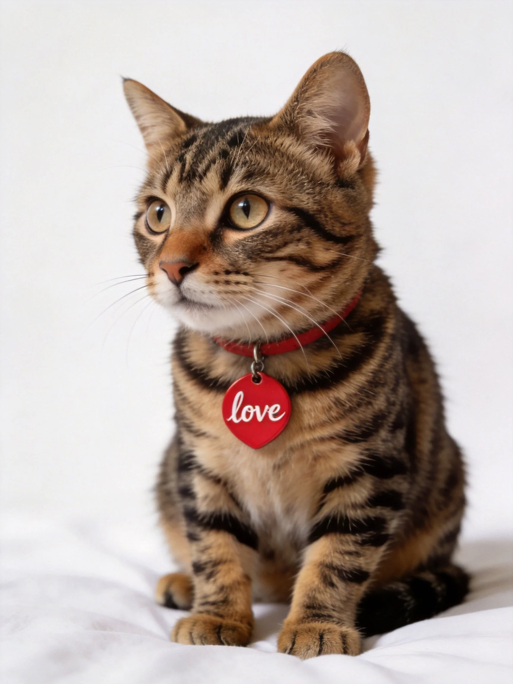 A brown tabby cat wearing a red love tag sits on white fabric