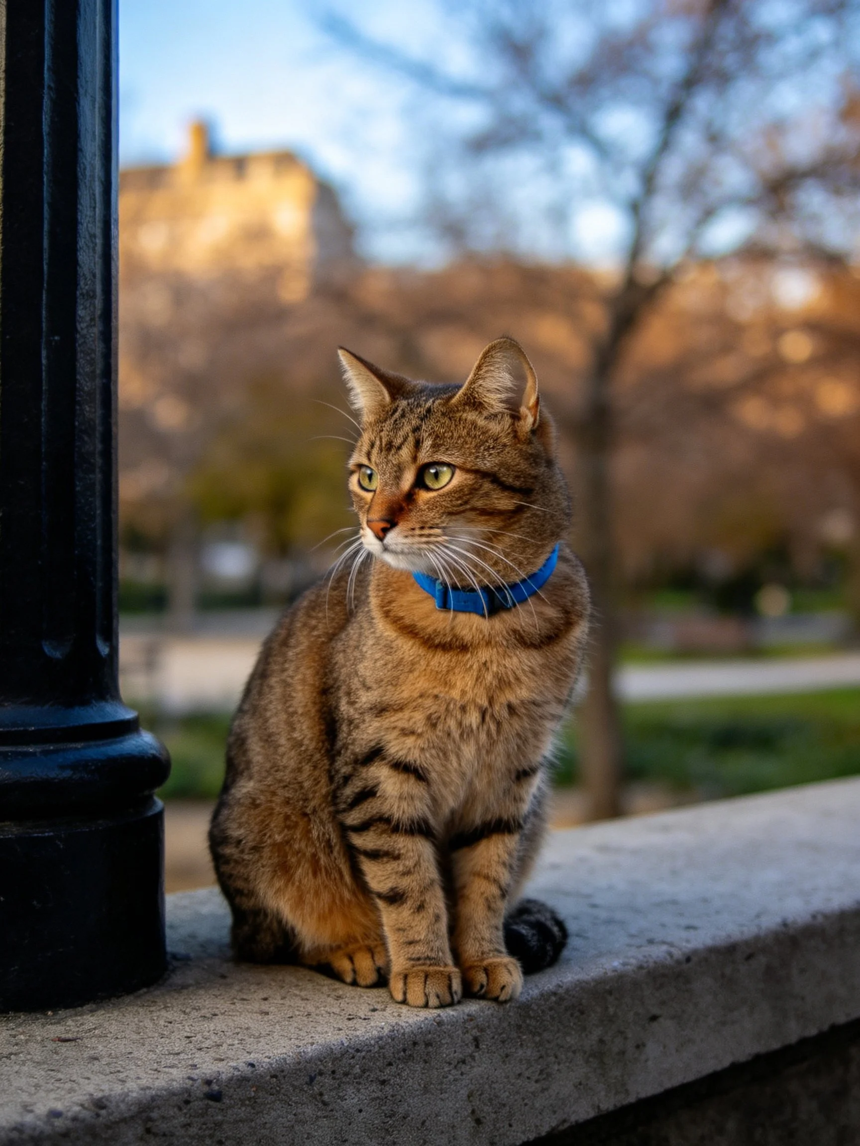 A brown tabby cat with a blue collar sits on a stone ledge