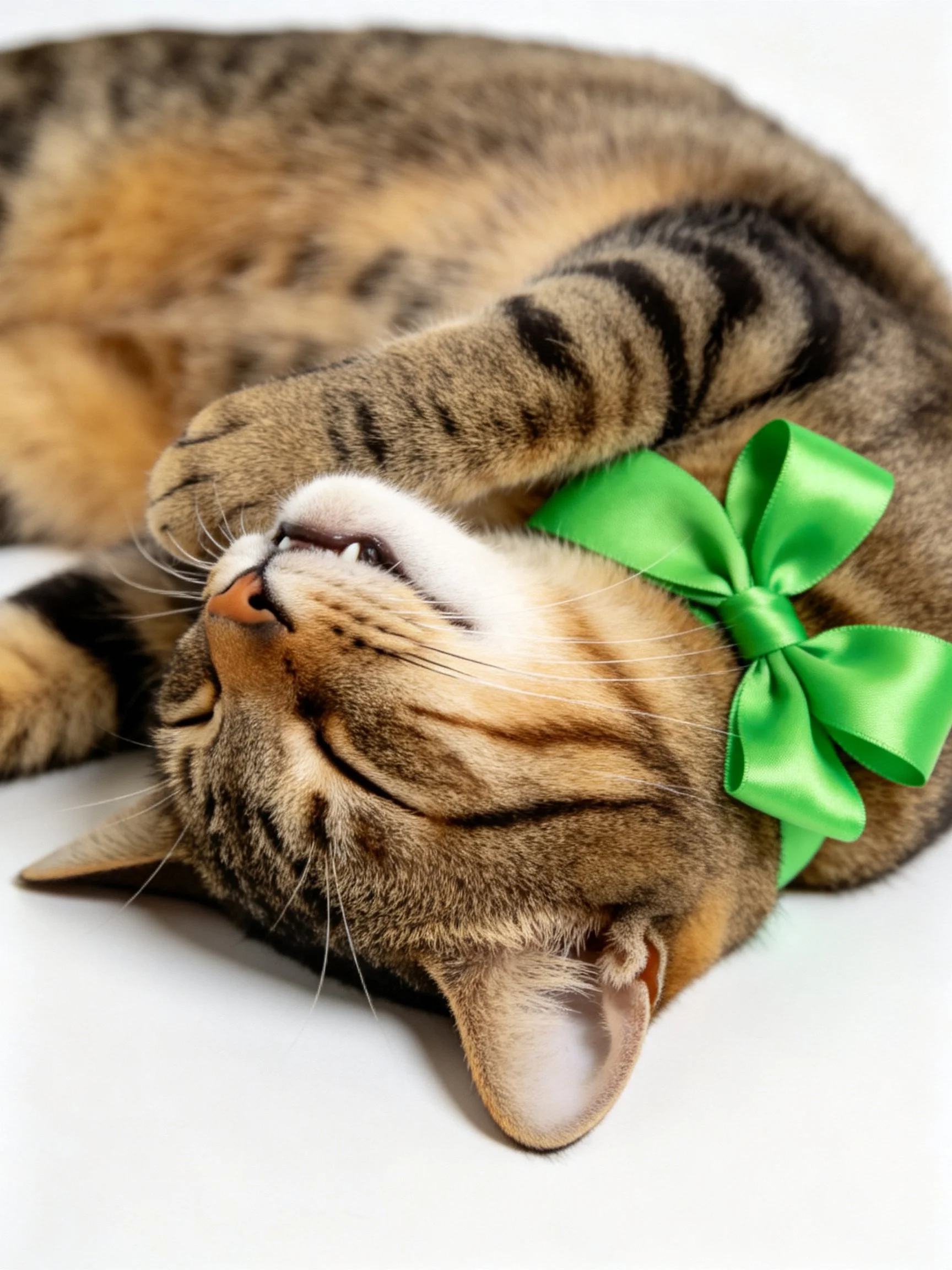 A brown tabby cat wearing a green bow relaxes on a white surface