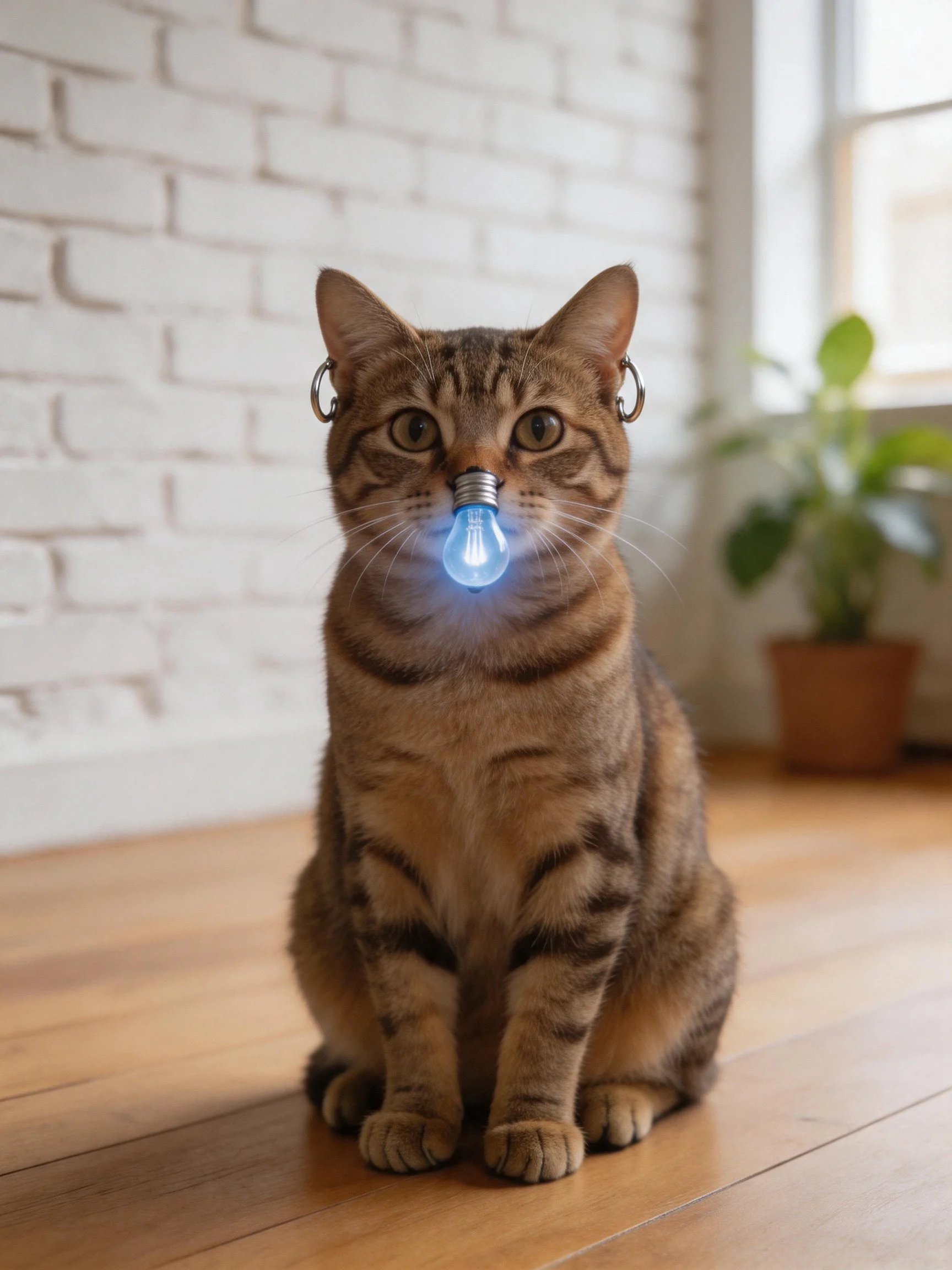 A brown tabby cat with a glowing blue light bulb near its mouth