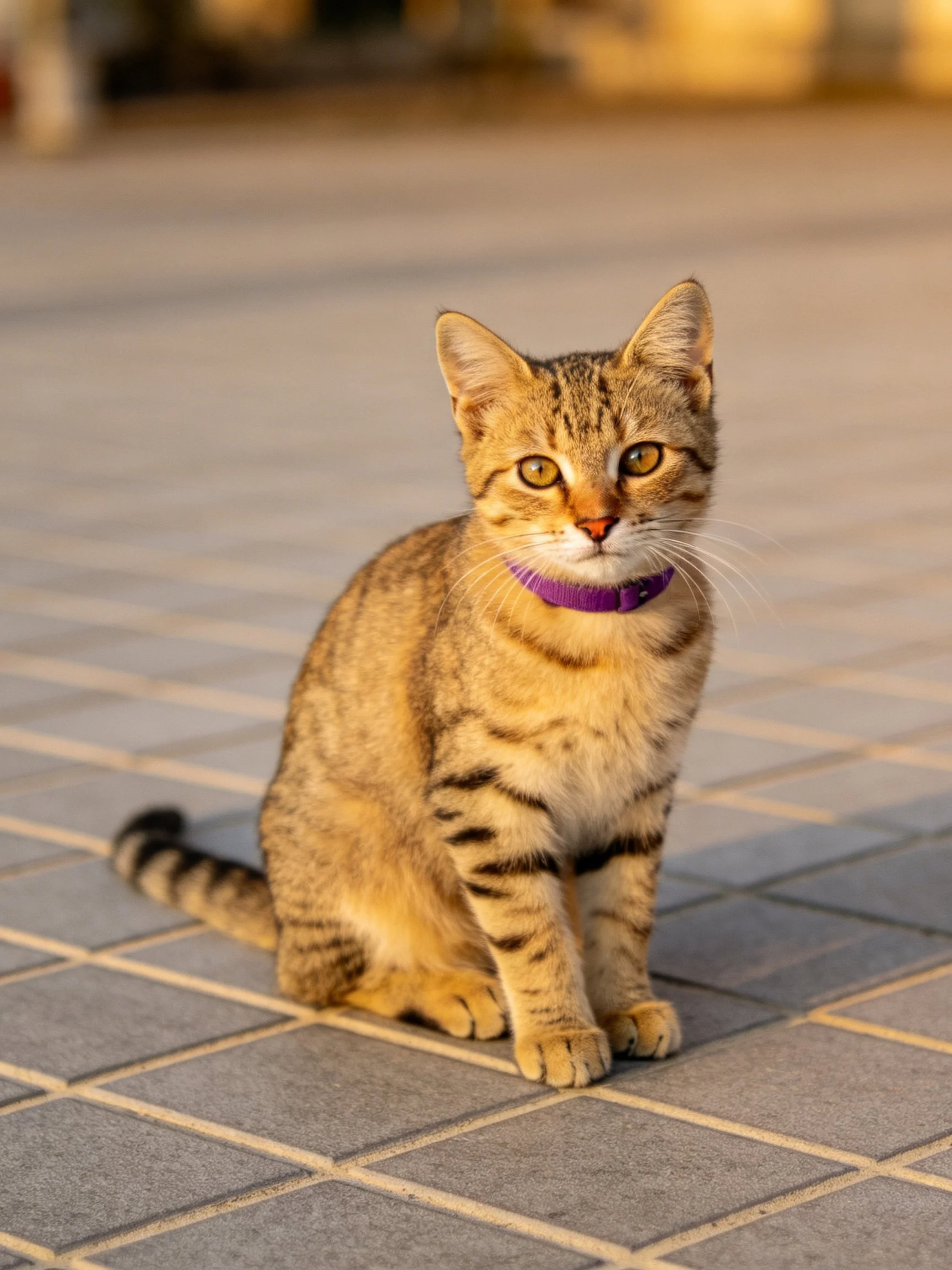 A brown tabby cat with a purple collar sits calmly on tiled pavement.