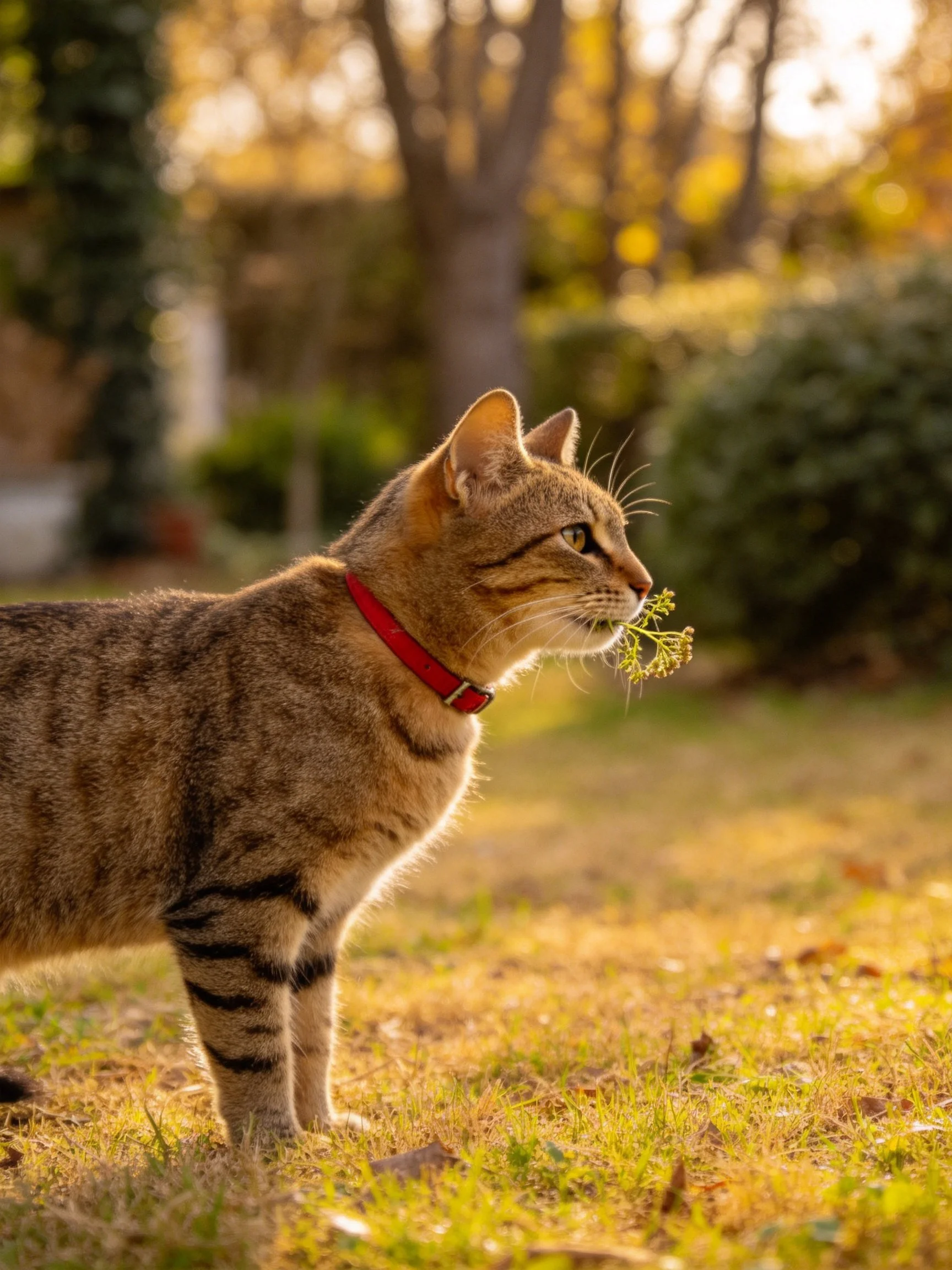 A brown tabby cat with a red collar holds flowers in a sunlit garden