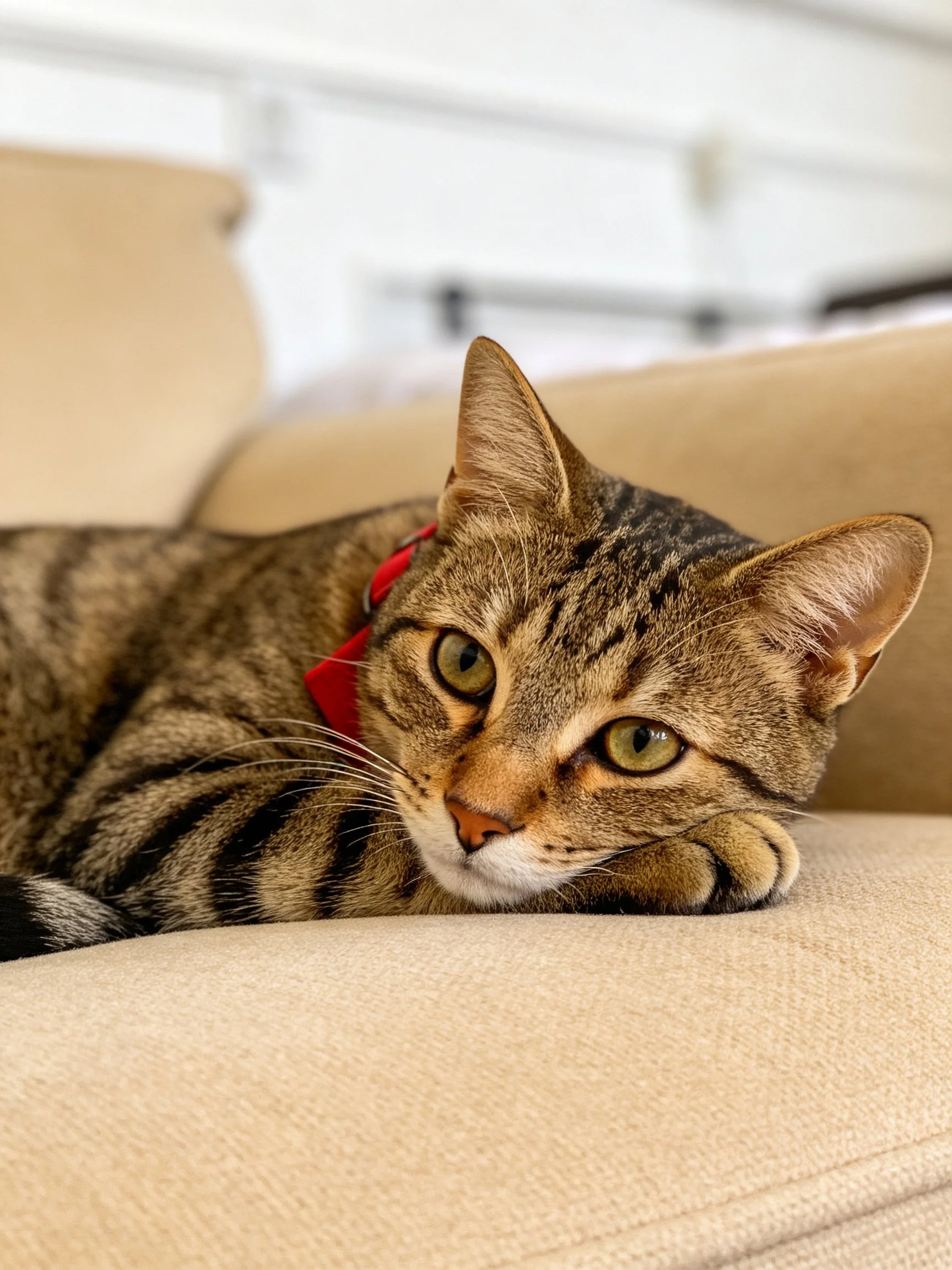 A brown tabby cat with a red collar resting on a beige couch