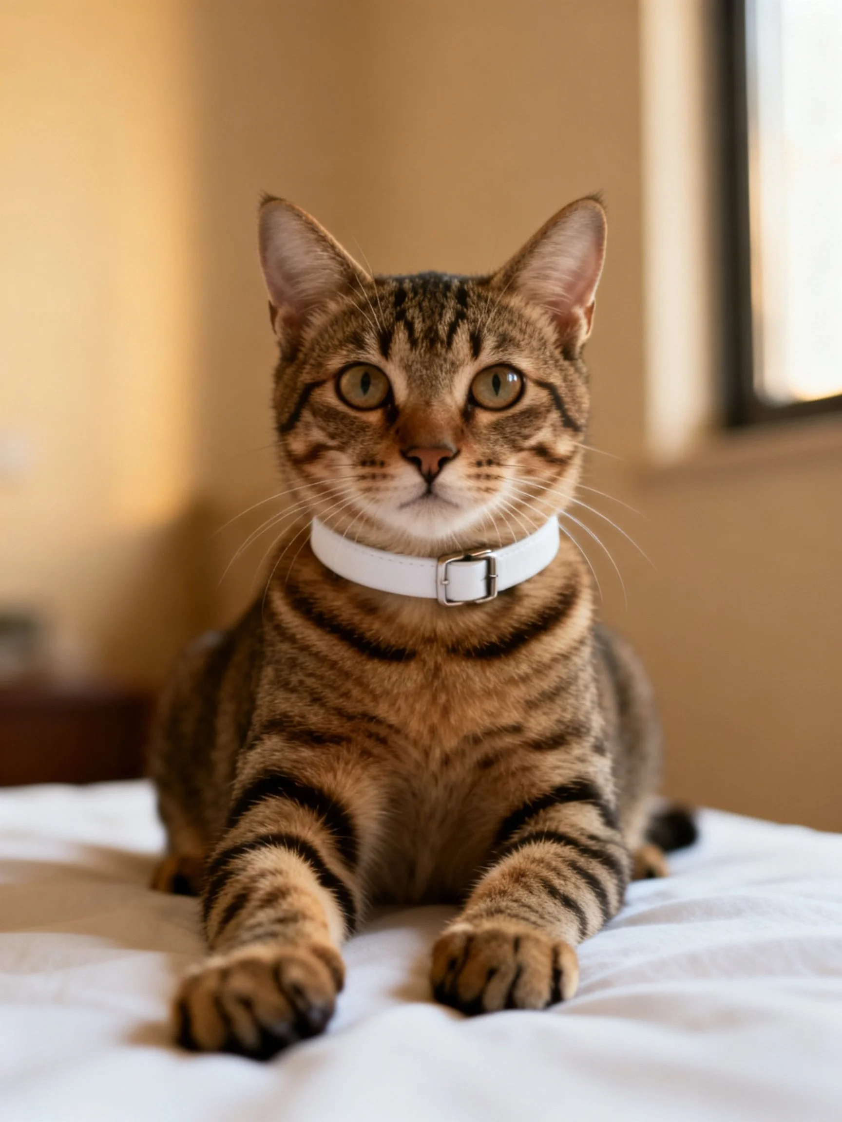 A brown tabby cat with a white collar lies on a bed