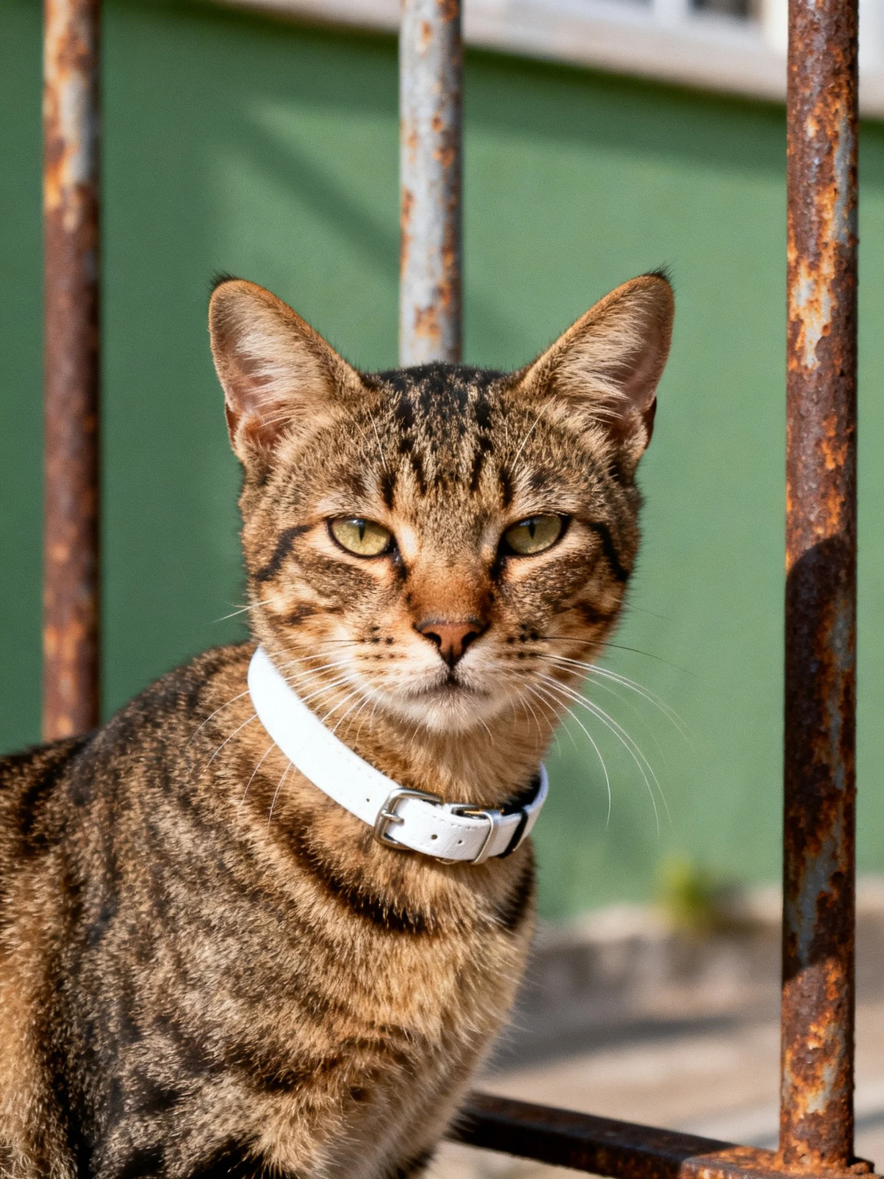 A brown tabby cat with a white collar near rusted metal bars