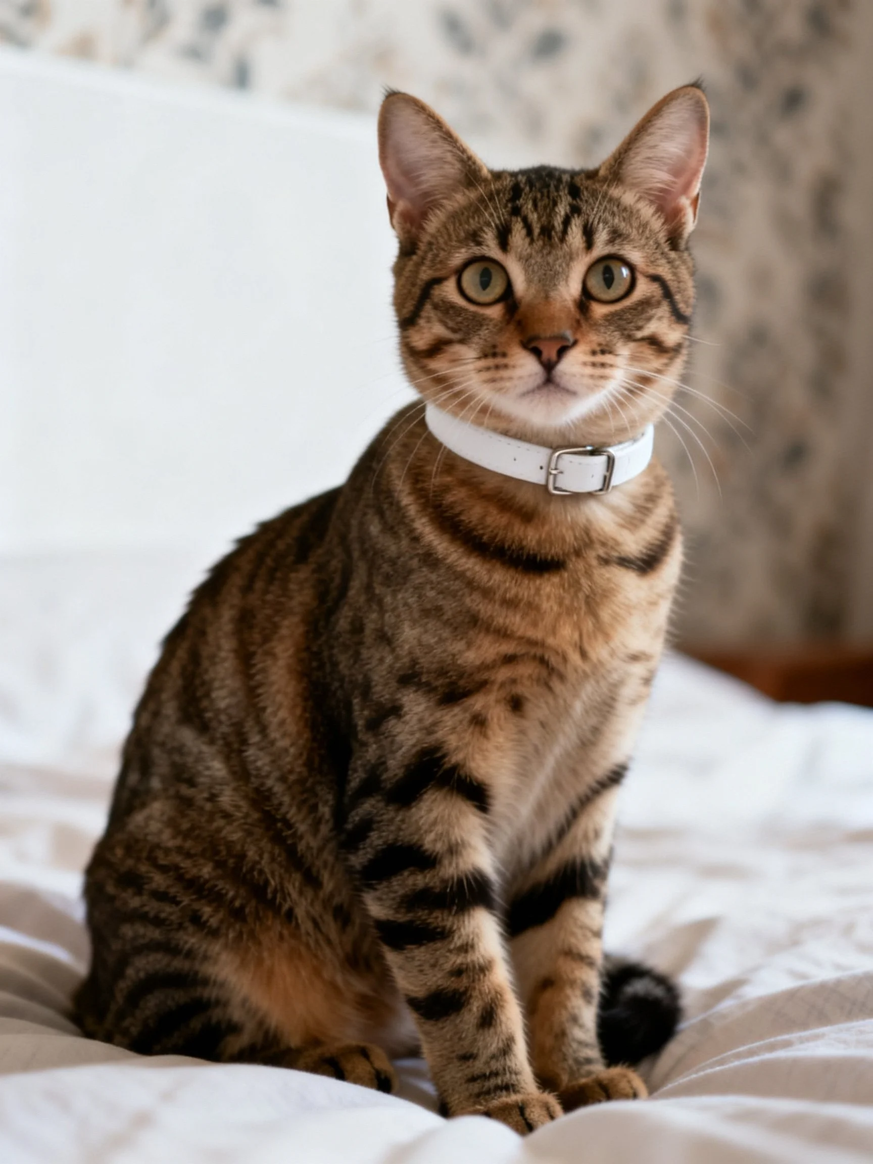 A brown tabby cat with a white collar sits on a white bed