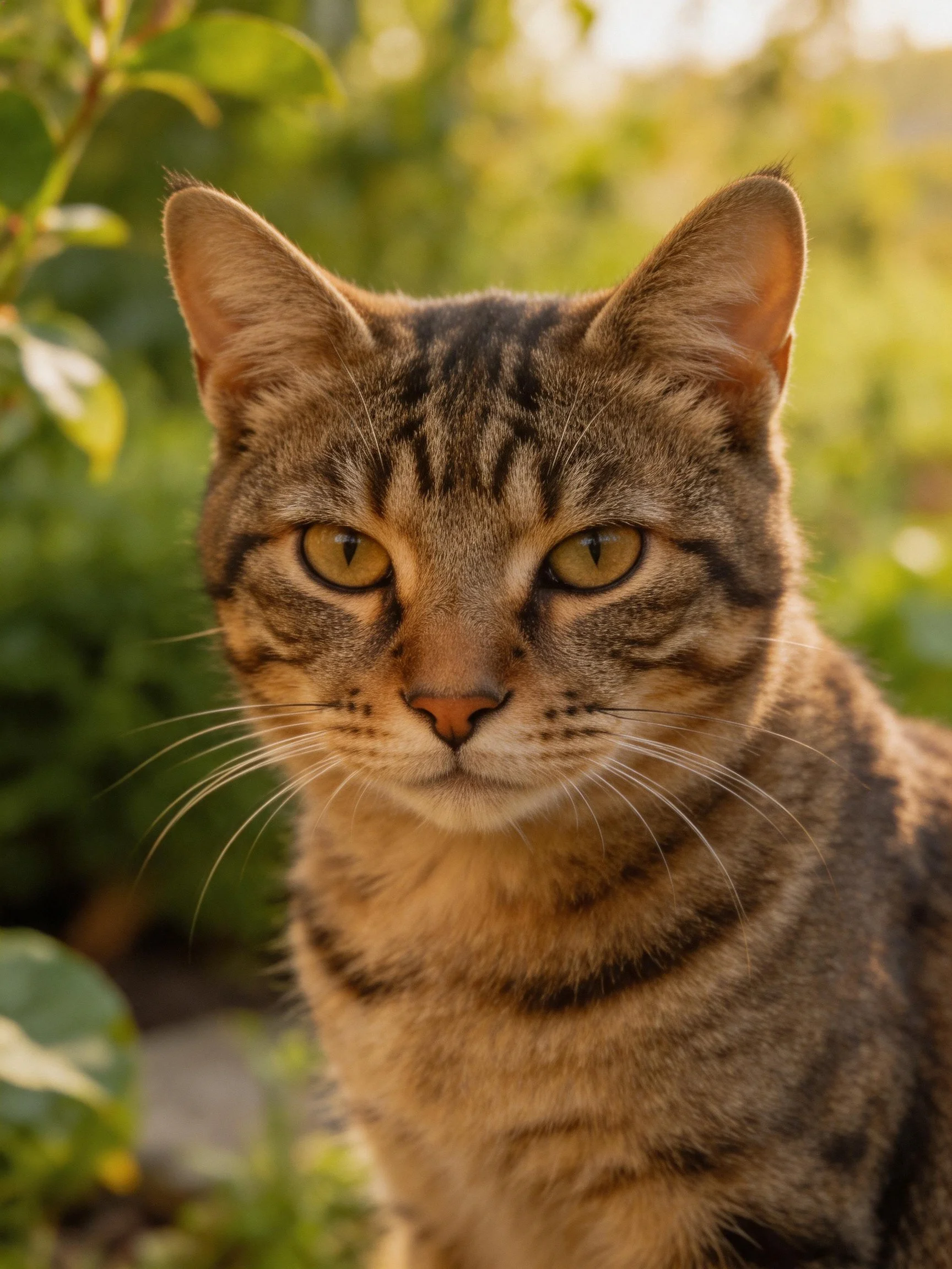 A brown tabby cat with amber eyes in a sunlit garden