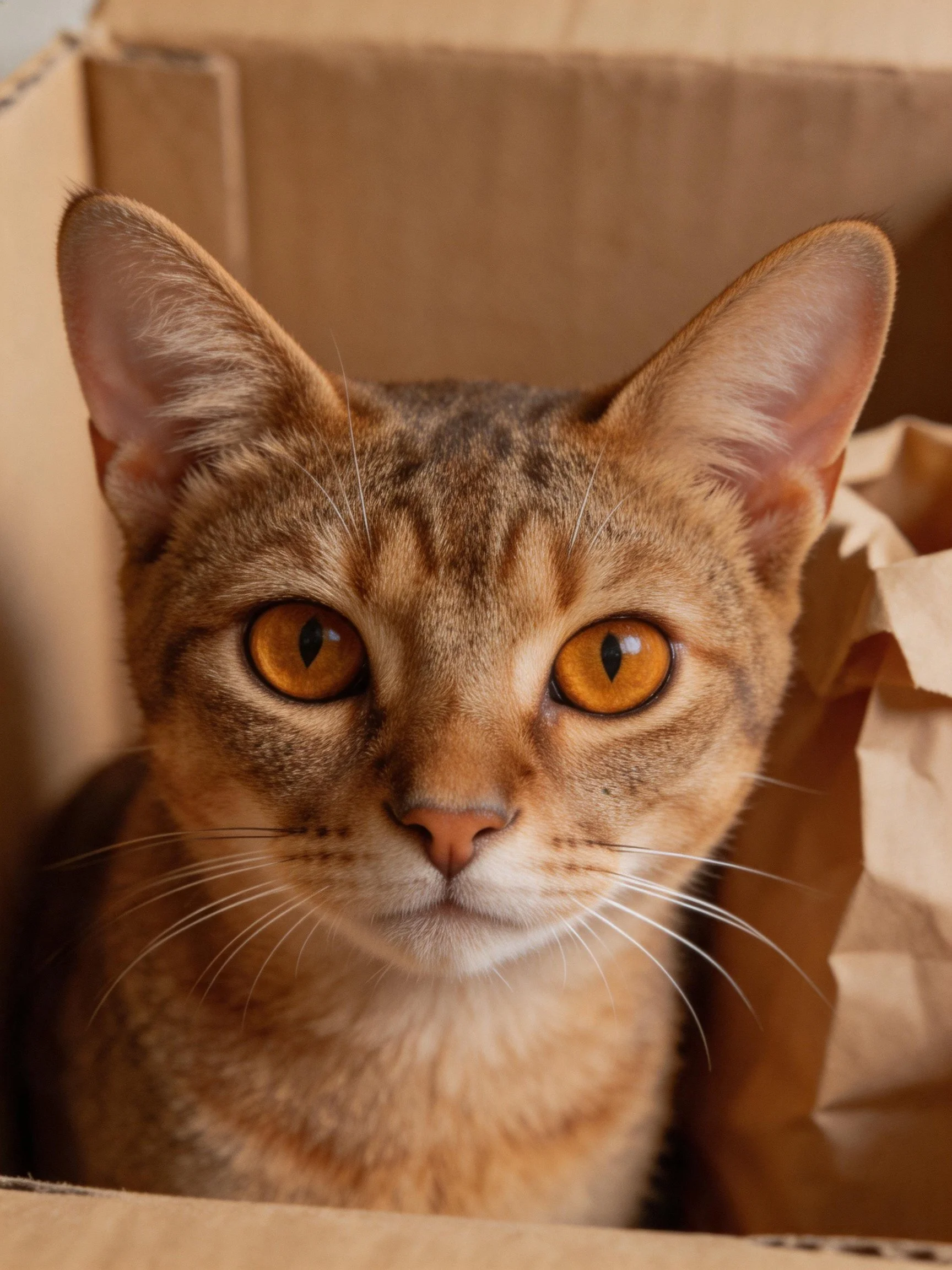 A brown tabby cat with amber eyes sits in a cardboard box