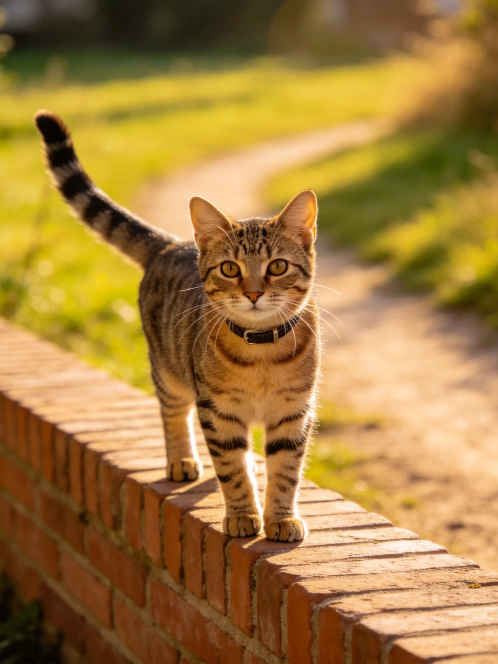 A brown tabby cat with black stripes stands on a red brick wall in sunny light.