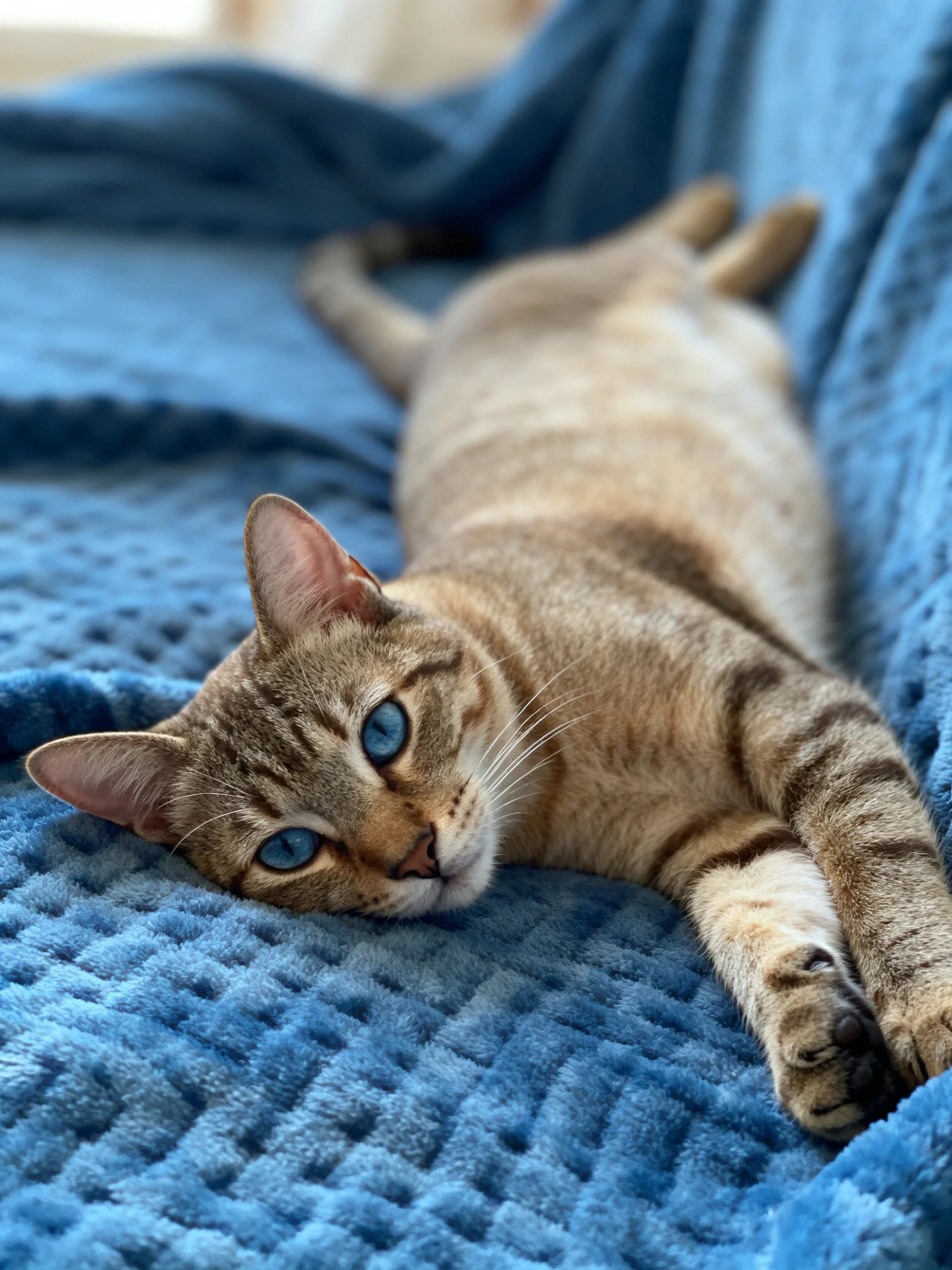 A brown tabby cat with blue eyes lies on a textured blue blanket