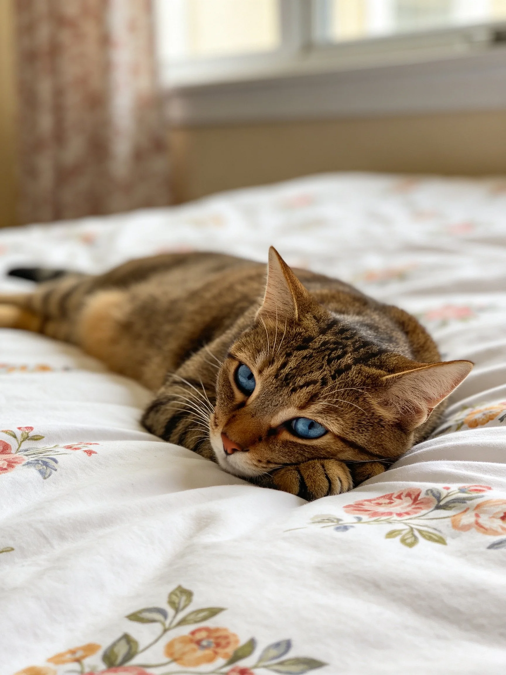 A brown tabby cat with blue eyes rests on a floral bedspread