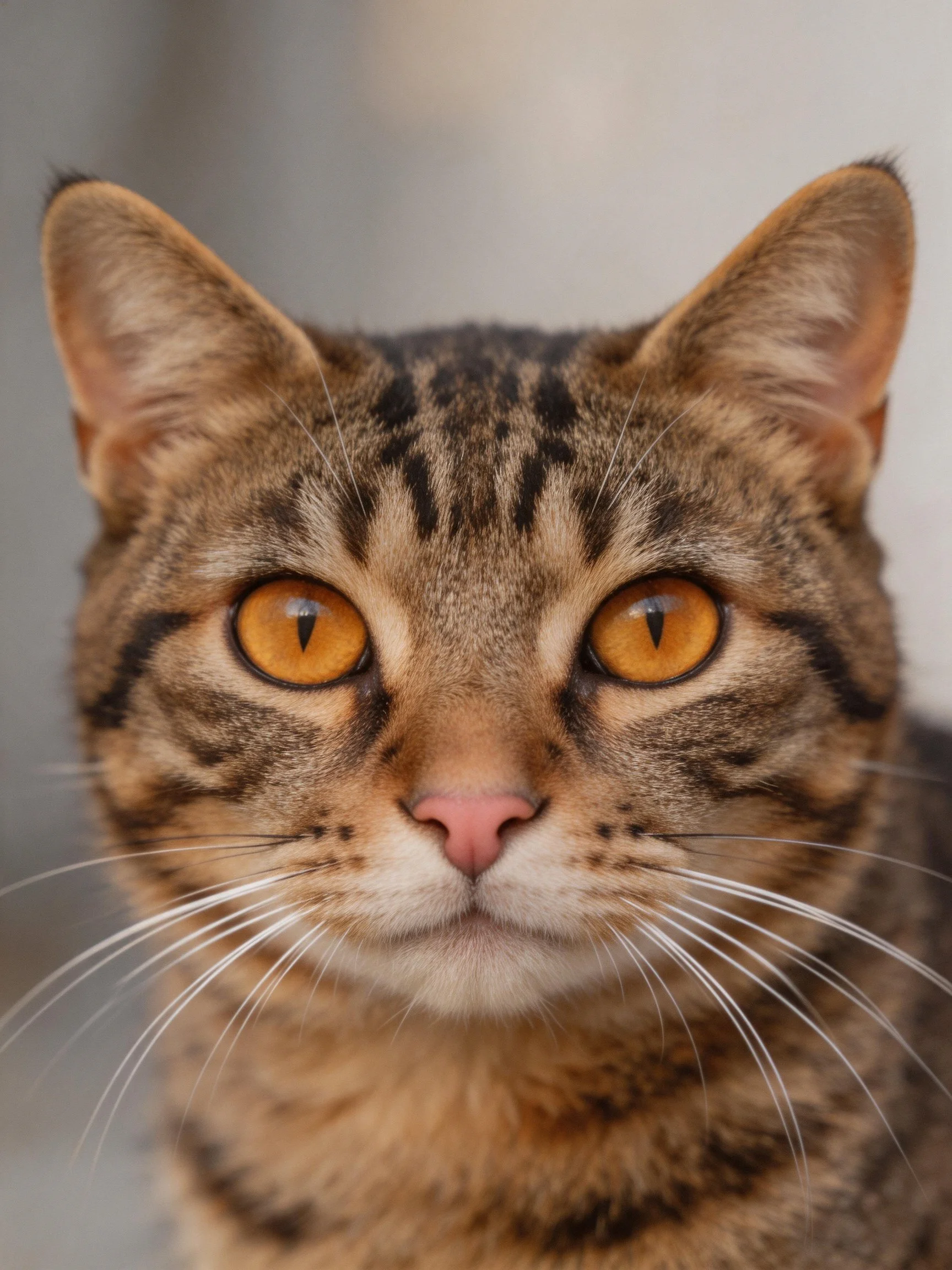 A brown tabby cat with amber eyes stares directly at the camera.