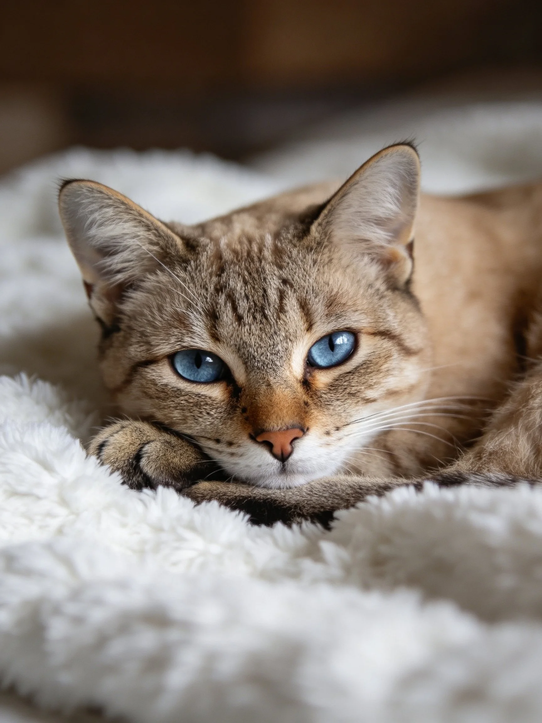 A brown tabby cat with blue eyes rests on a soft white blanket.