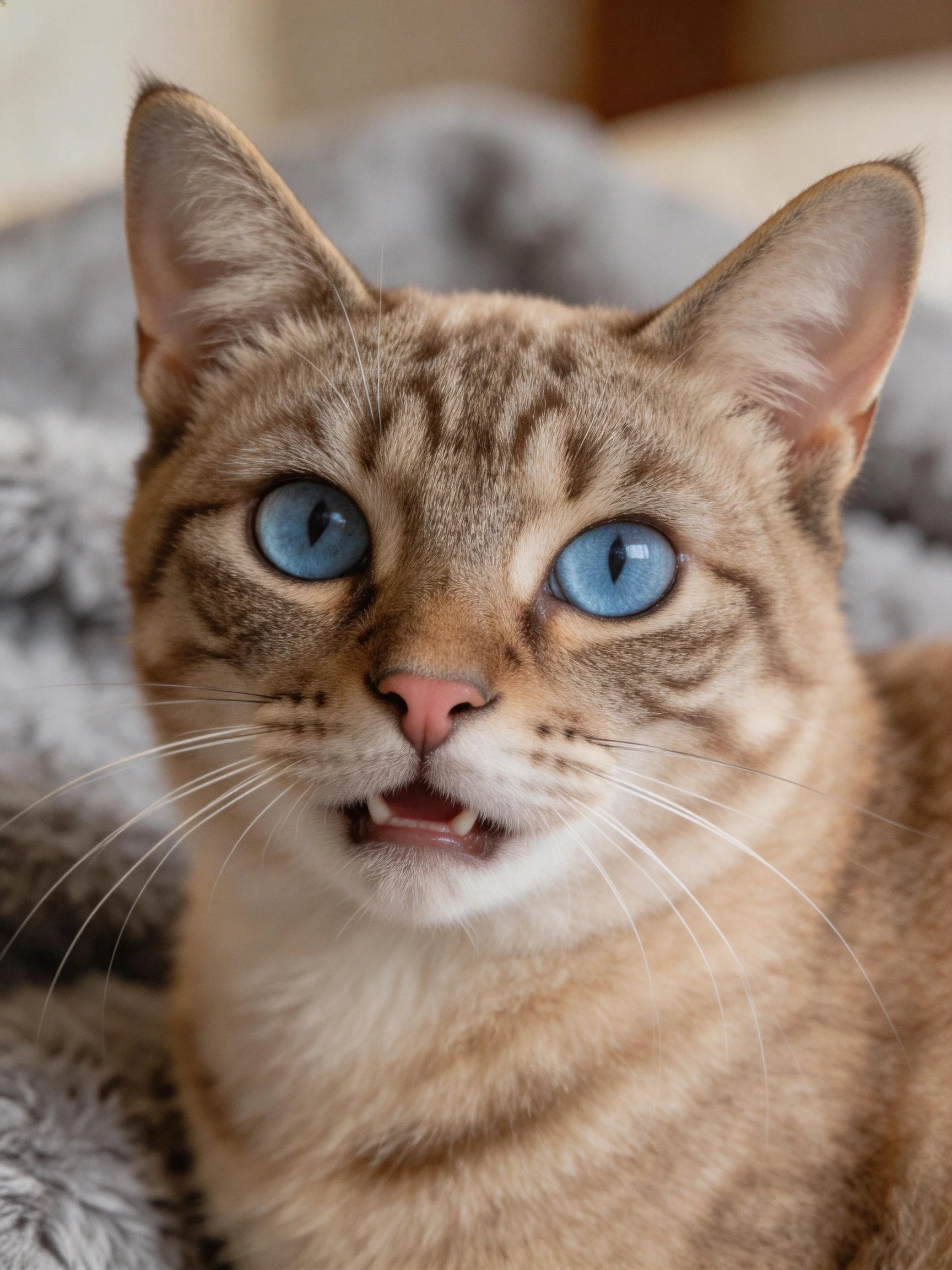 A brown tabby cat with blue eyes rests on a soft gray blanket.