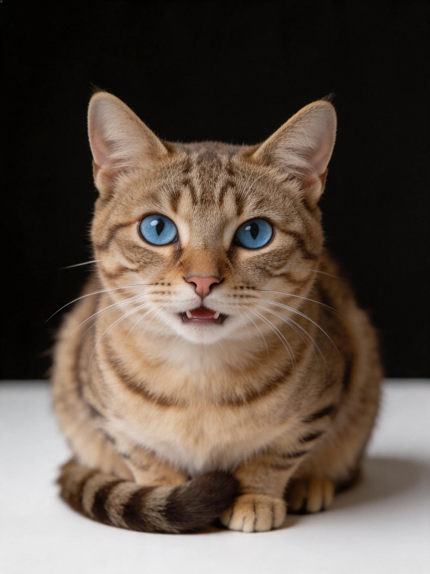 A brown tabby cat with vivid blue eyes sits against a dark background.