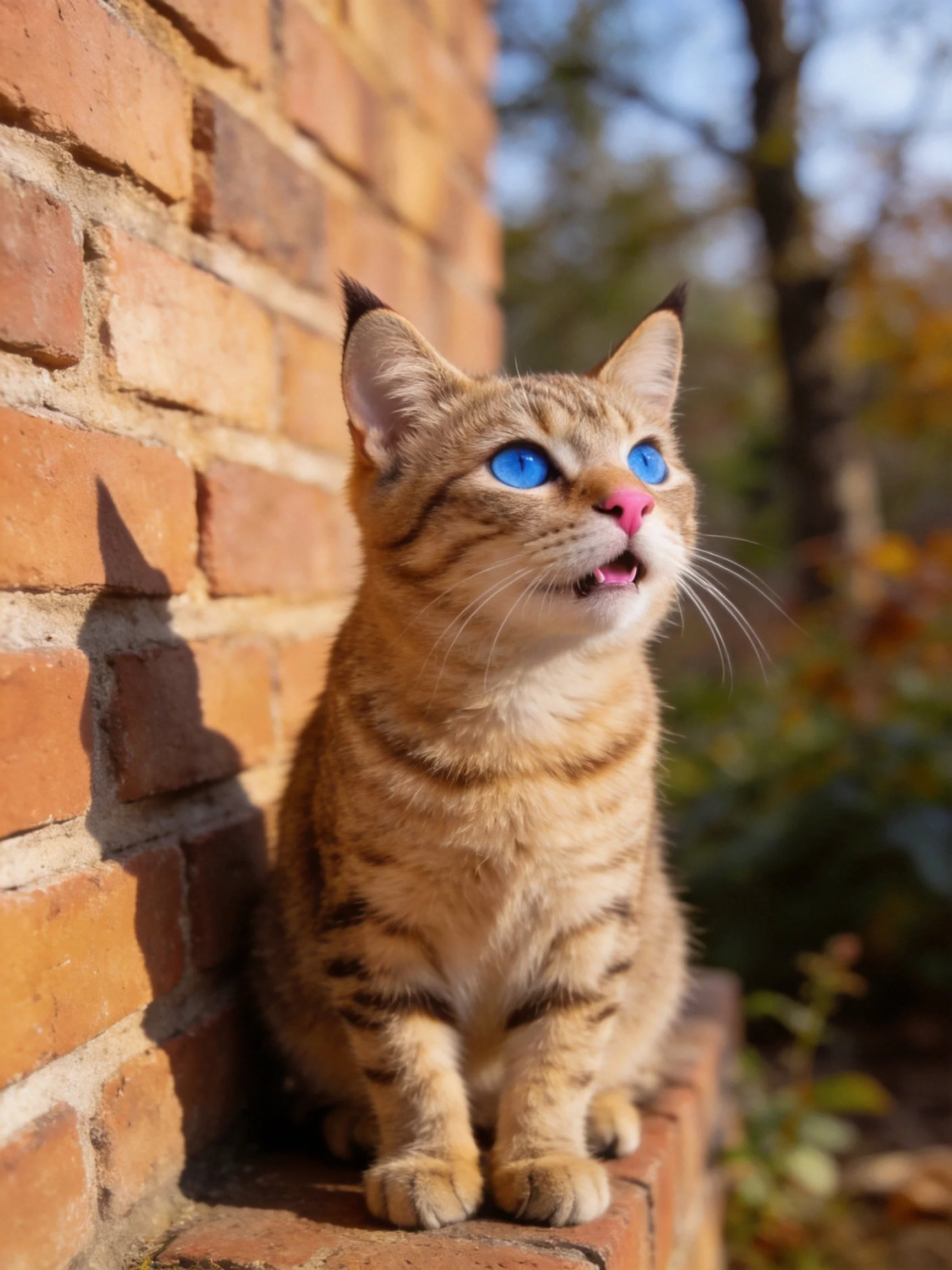 A brown tabby cat with blue eyes rests near a brick wall in natural light.