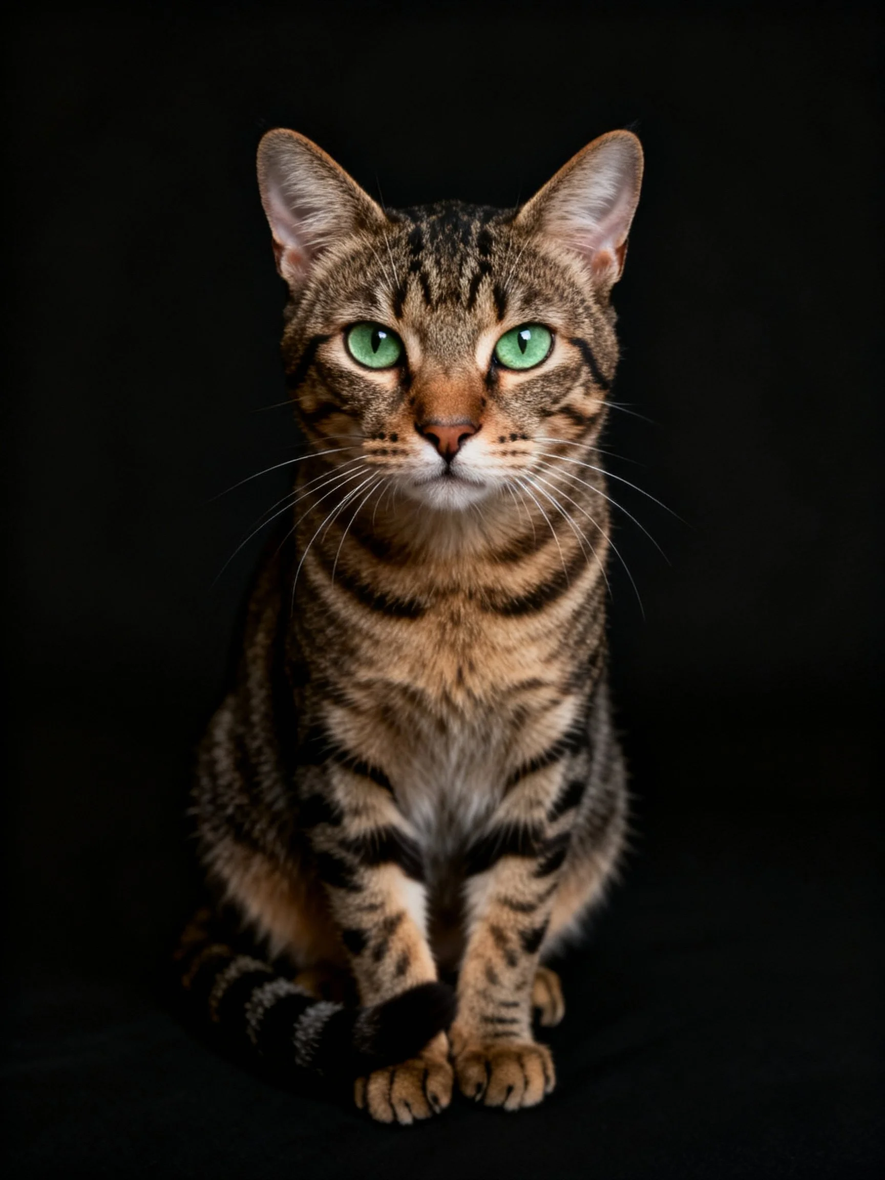 A brown tabby cat with bright green eyes sits against a black background.