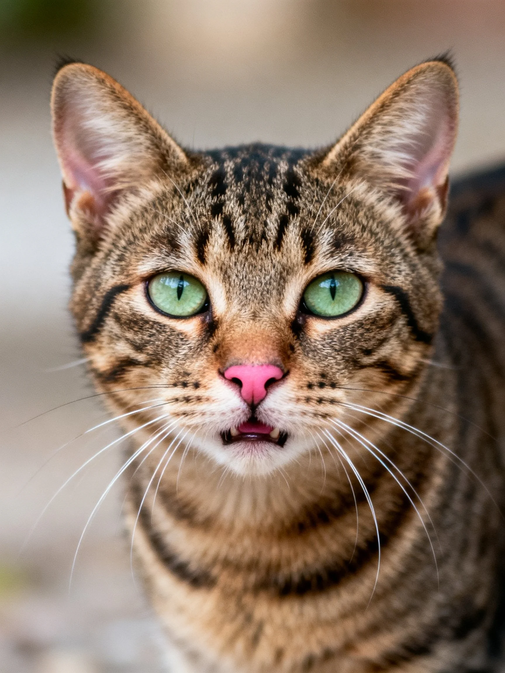 Close-up view of a brown tabby cat with green eyes and a pink nose