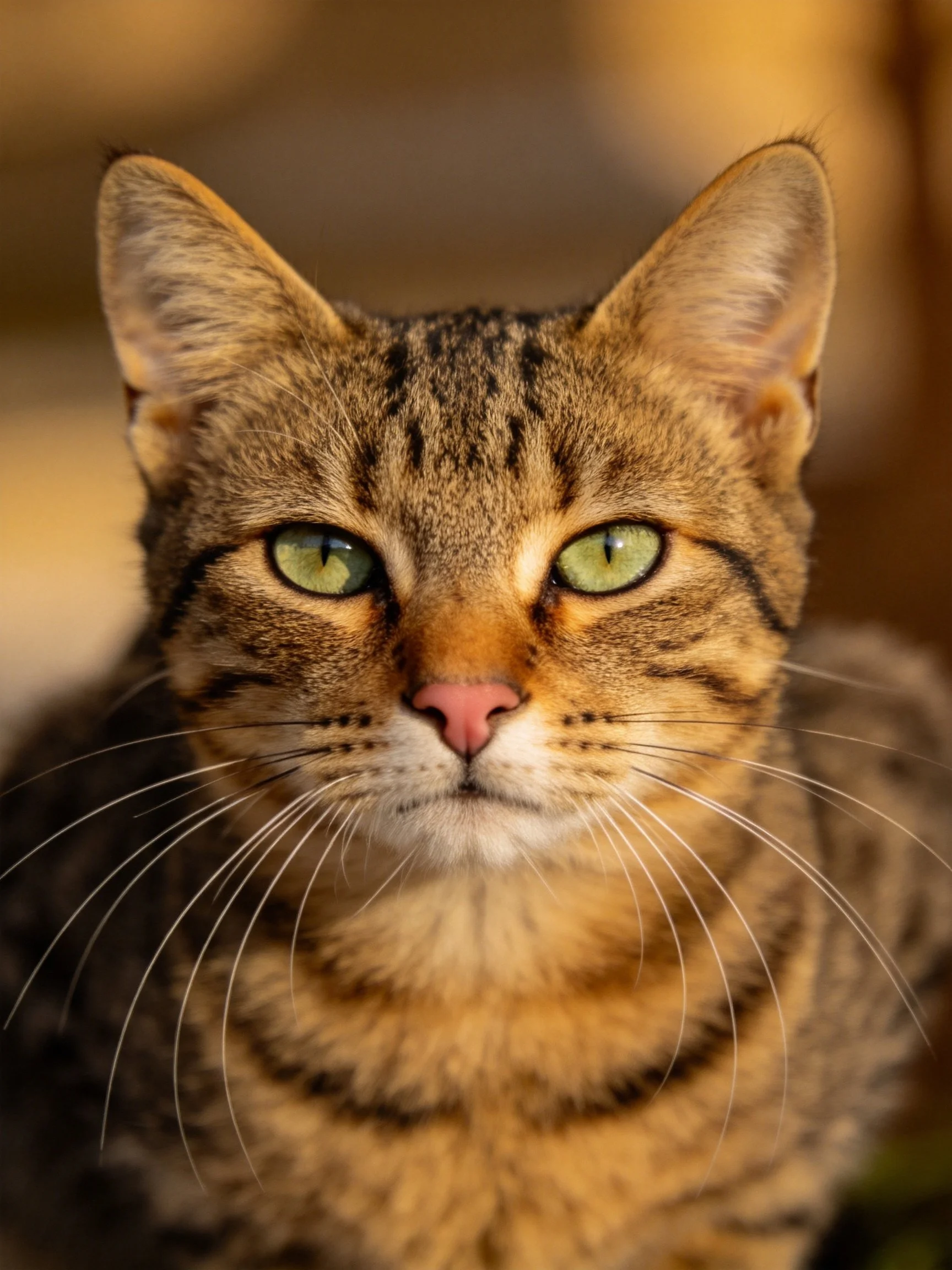 A brown tabby cat with bright green eyes is photographed closely.