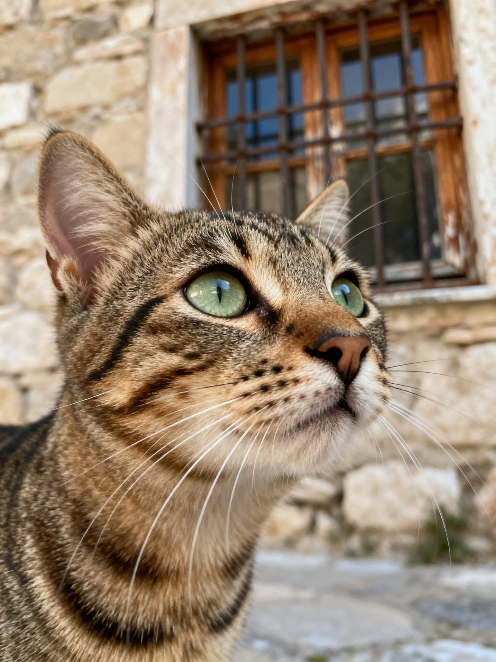 A brown tabby cat with green eyes stands near an aged stone wall and wooden window