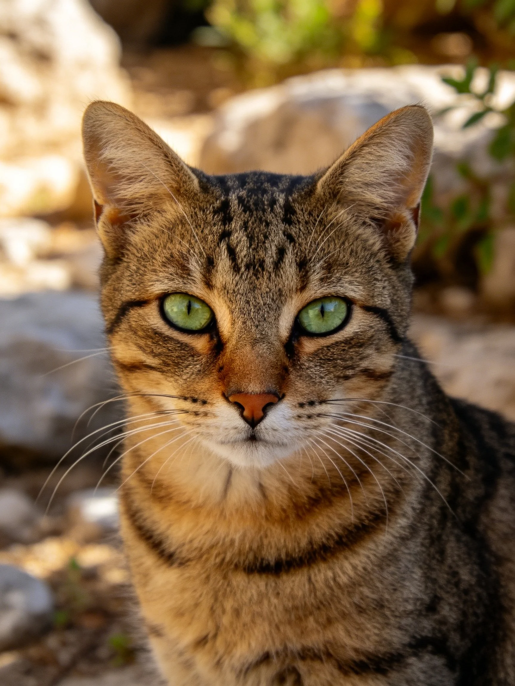 A brown tabby cat with bright green eyes rests near rocks in a sunlit outdoor area.