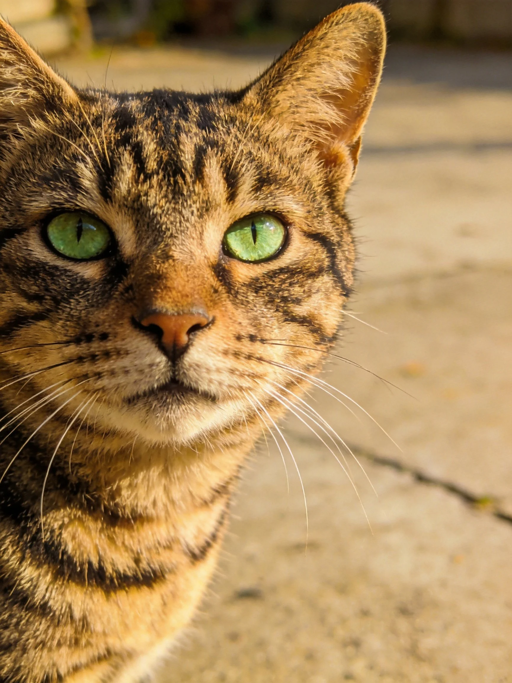 A brown tabby cat with bright green eyes stands on a concrete surface.
