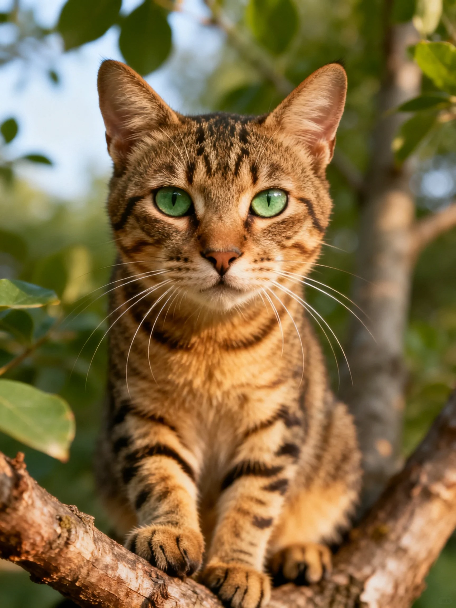 A brown tabby cat with green eyes sits calmly on a tree branch outdoors.