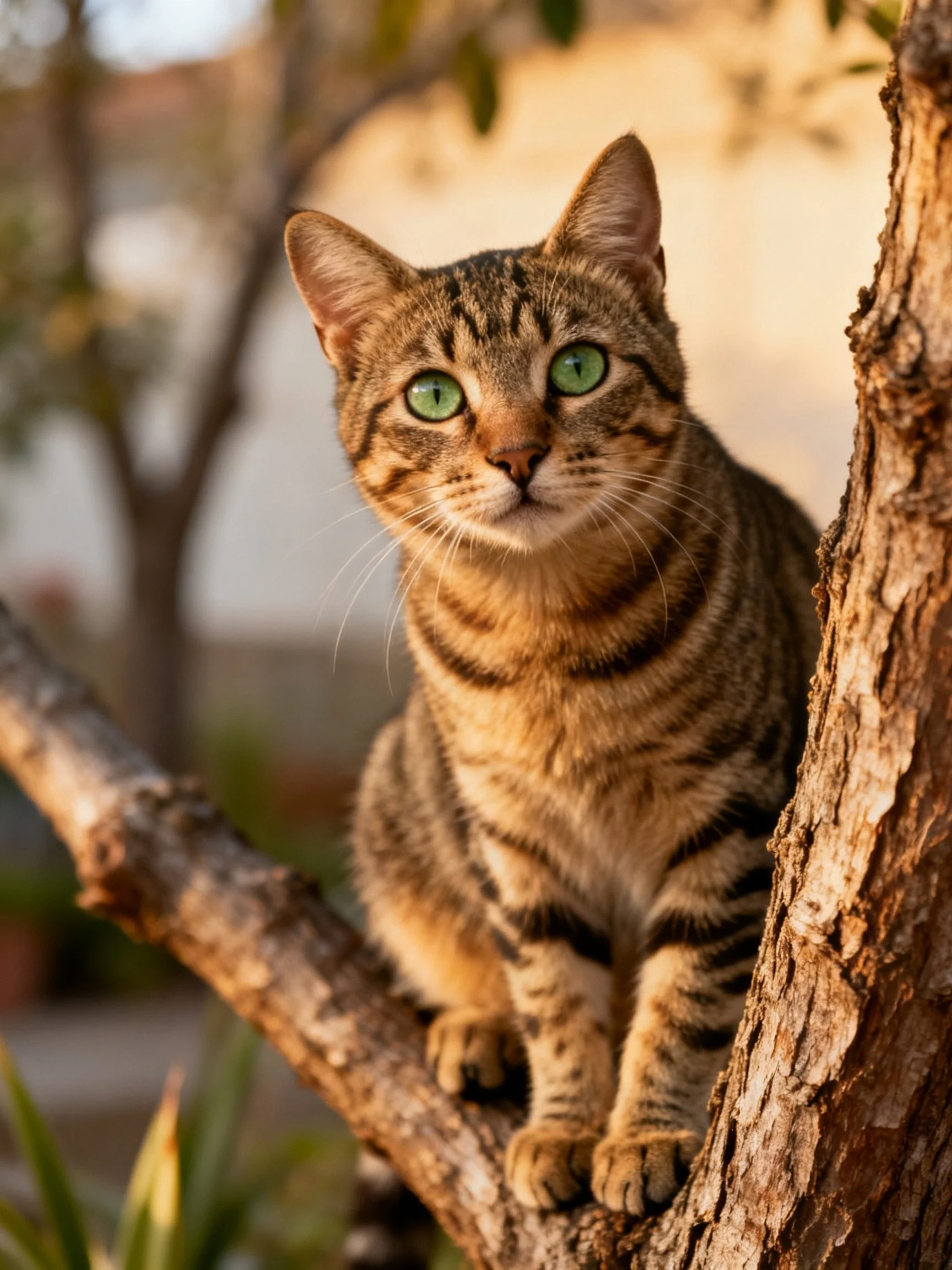A brown tabby cat with green eyes rests on a tree branch in an outdoor setting.