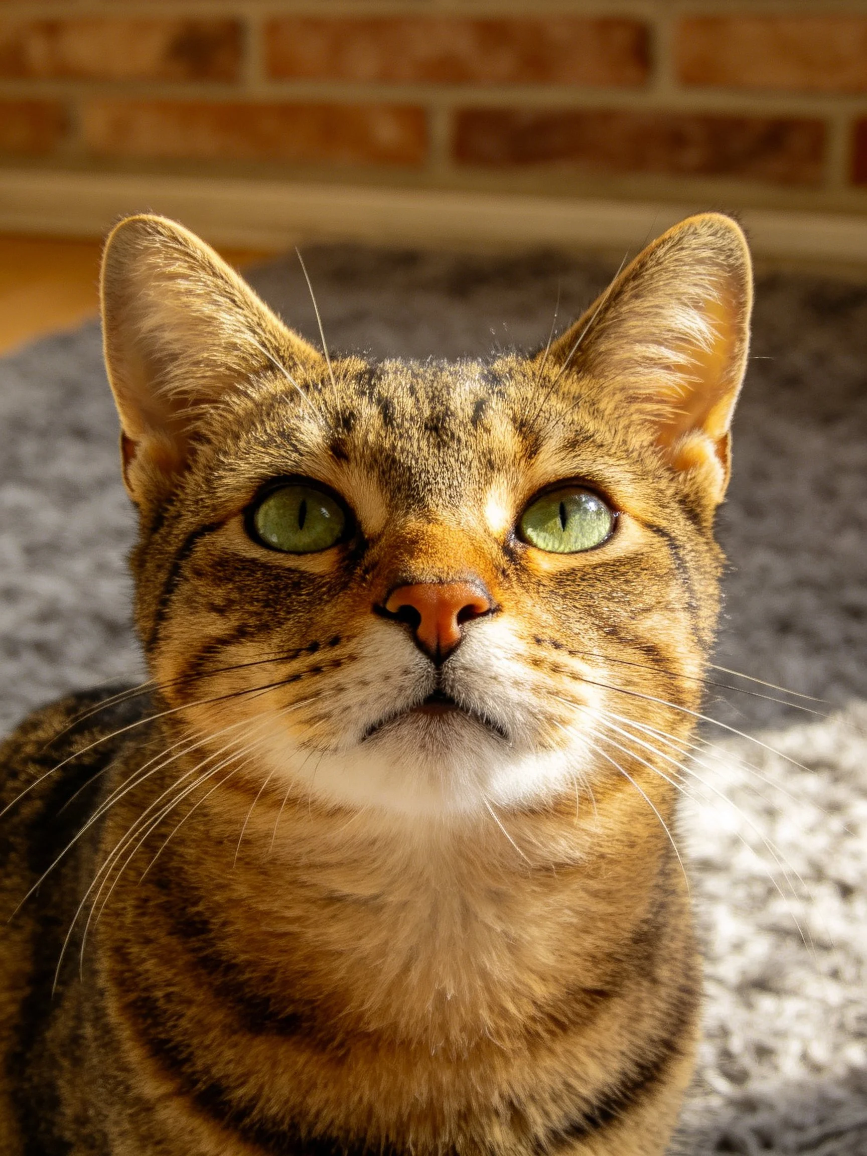 A brown tabby cat with bright green eyes is captured in a close-up photograph.