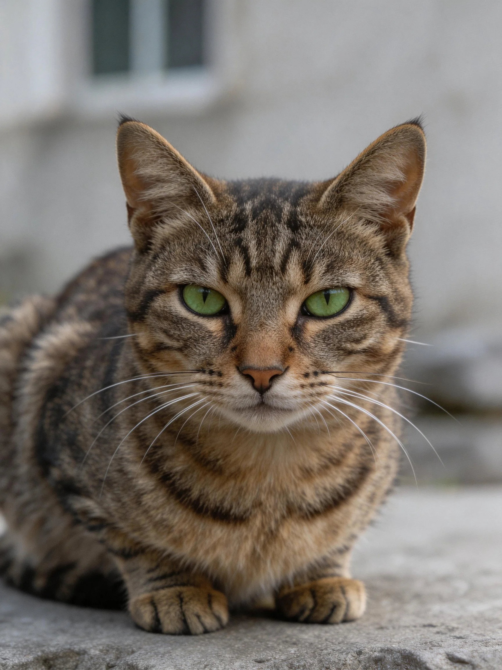 A brown tabby cat with green eyes sits calmly on a stone surface near a building.
