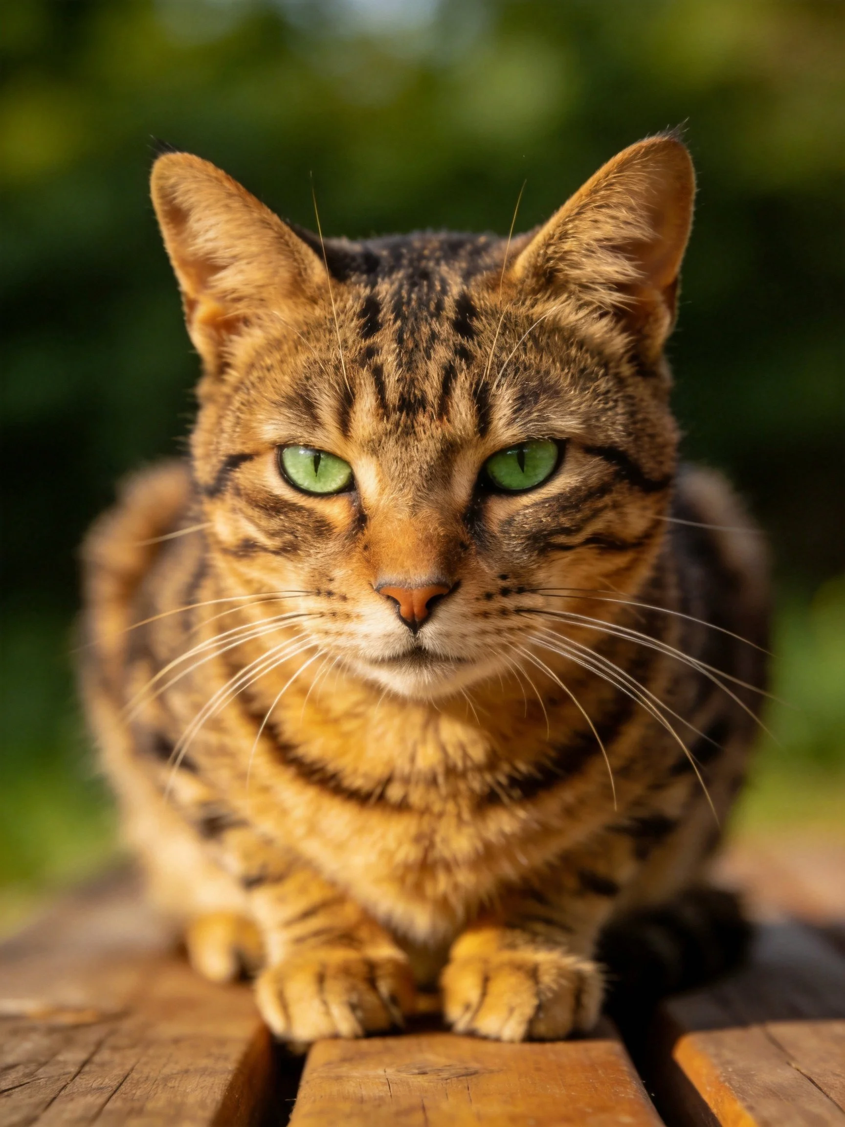 A brown tabby cat with green eyes sits calmly on wooden planks in an outdoor setting.
