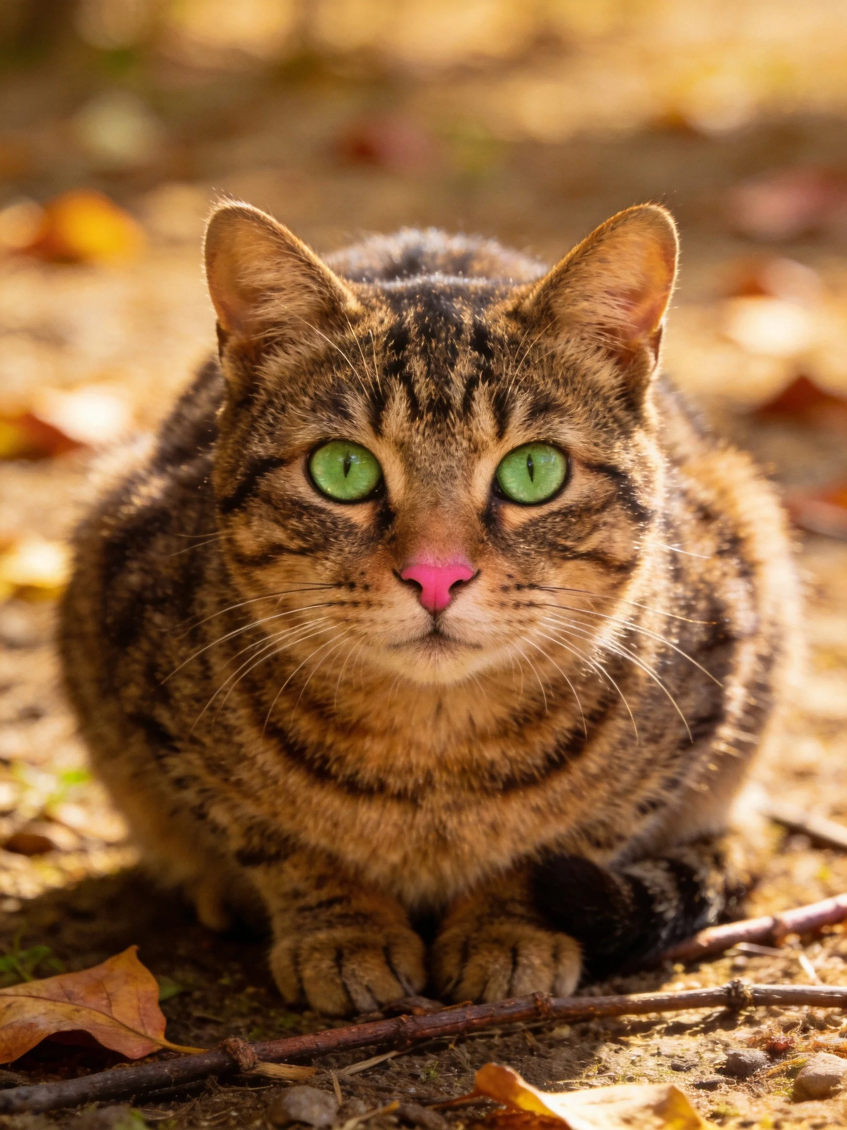A brown tabby cat with green eyes rests amid fallen autumn leaves.