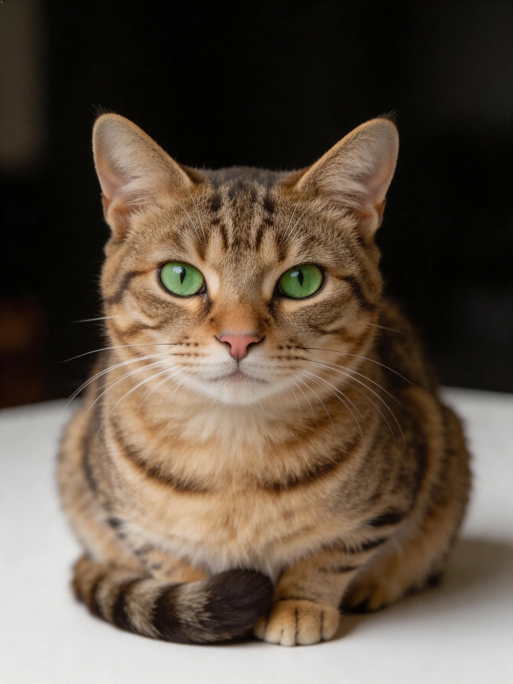 A brown tabby cat with bright green eyes sits calmly on a white surface.