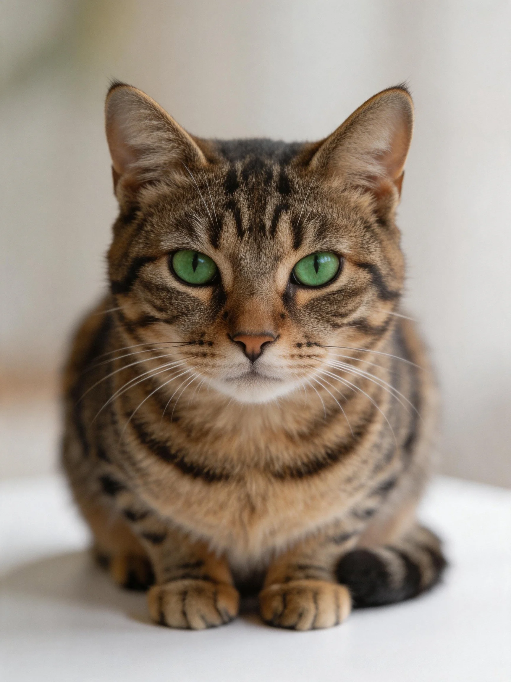 A brown tabby cat with green eyes sits calmly in a softly lit space.