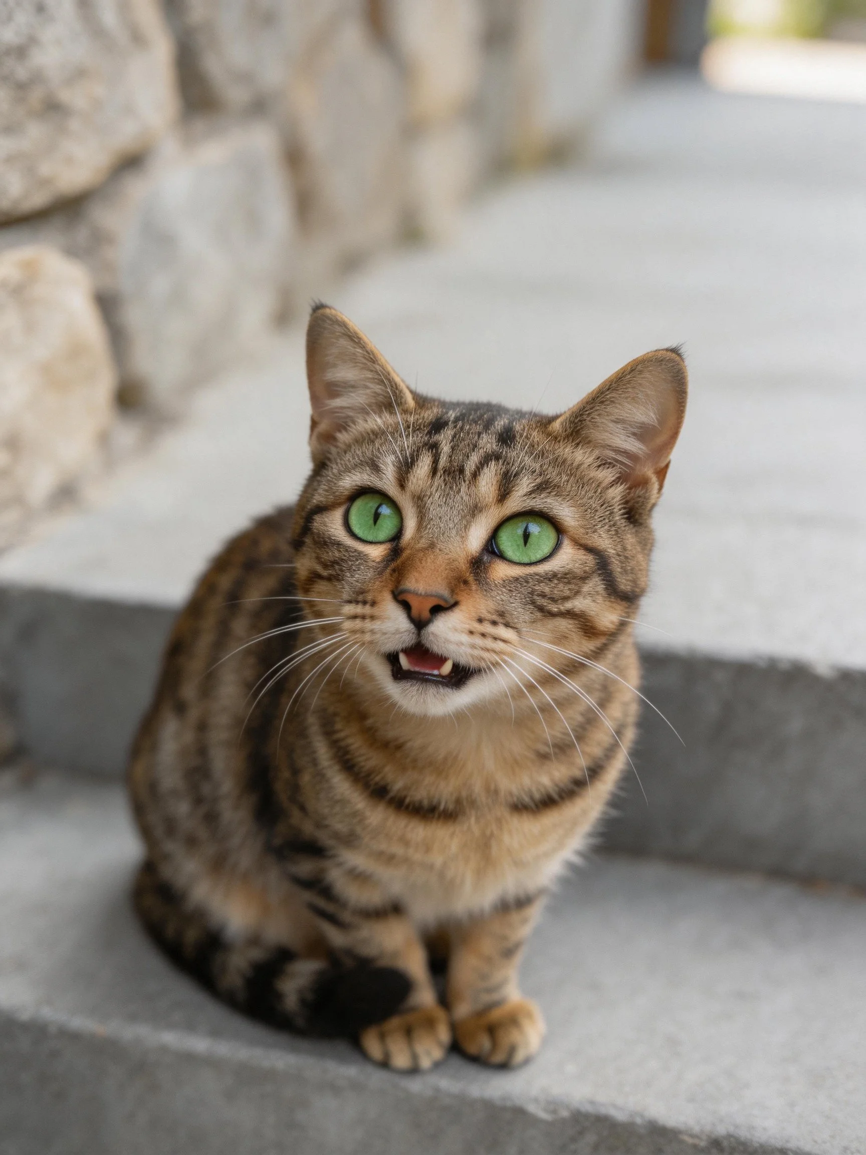 A brown tabby cat with bright green eyes sits on concrete steps near a stone wall