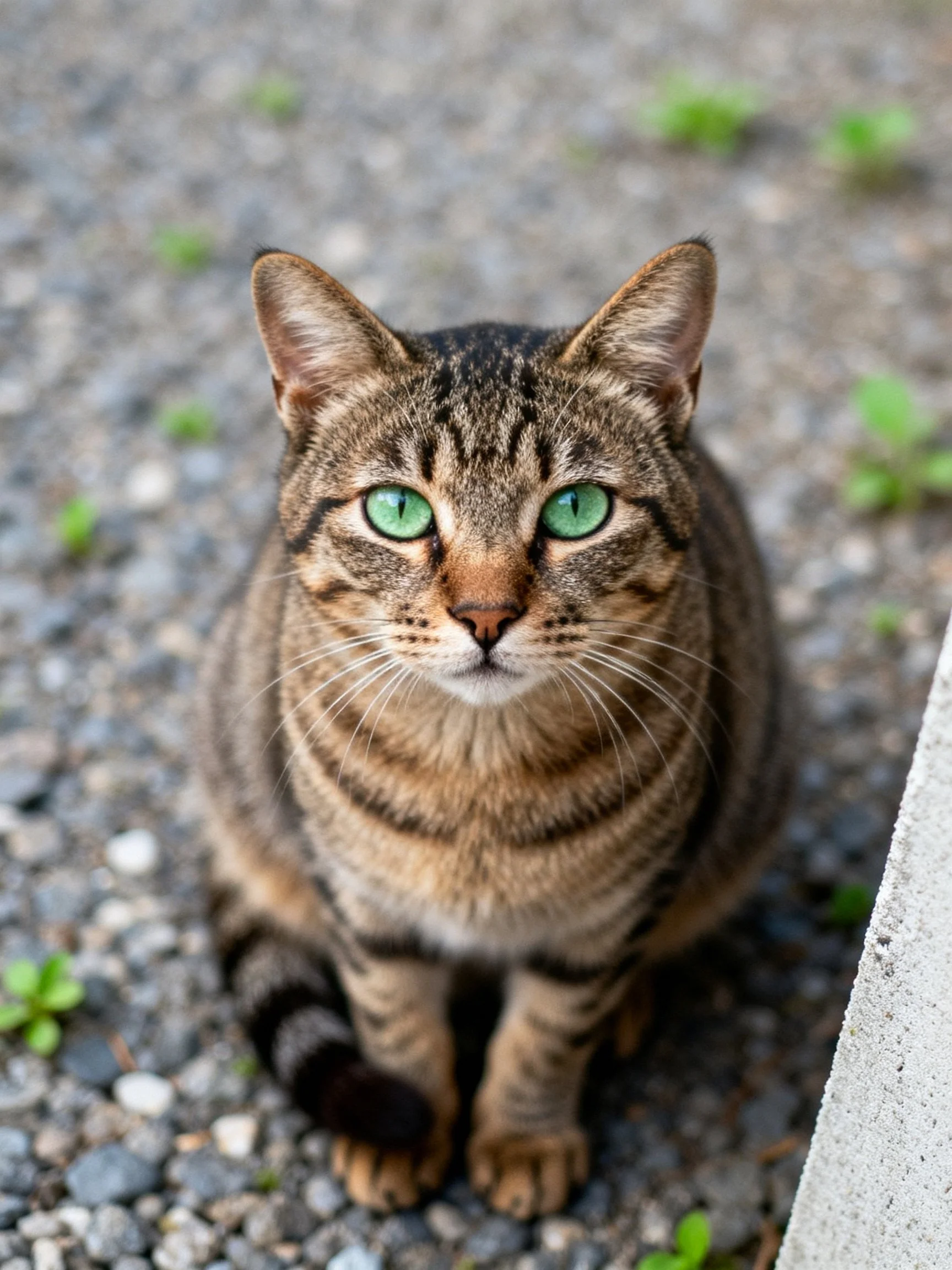 A brown tabby cat with green eyes sits calmly on gravel.
