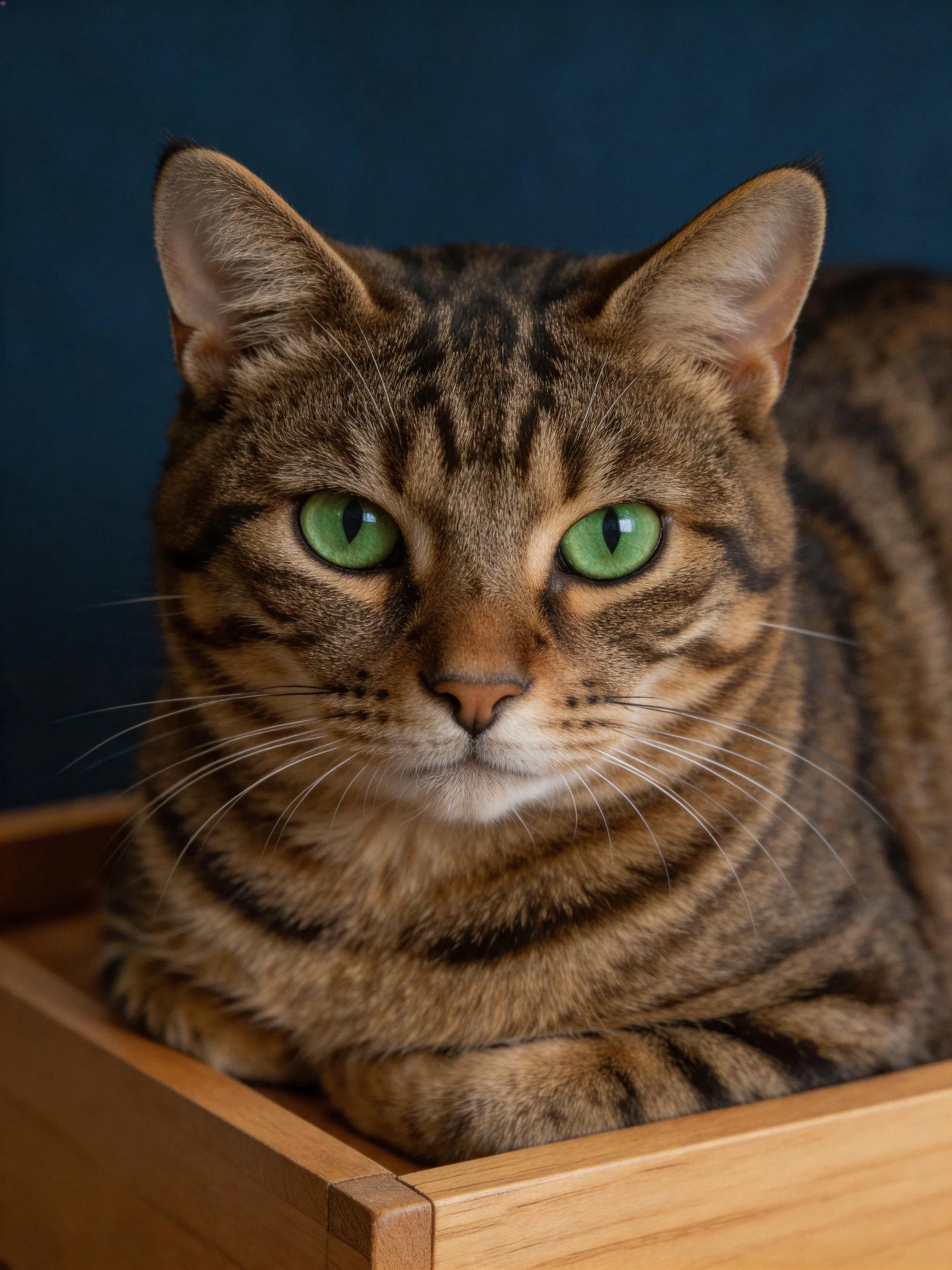 A brown tabby cat with vivid green eyes rests inside a wooden box.