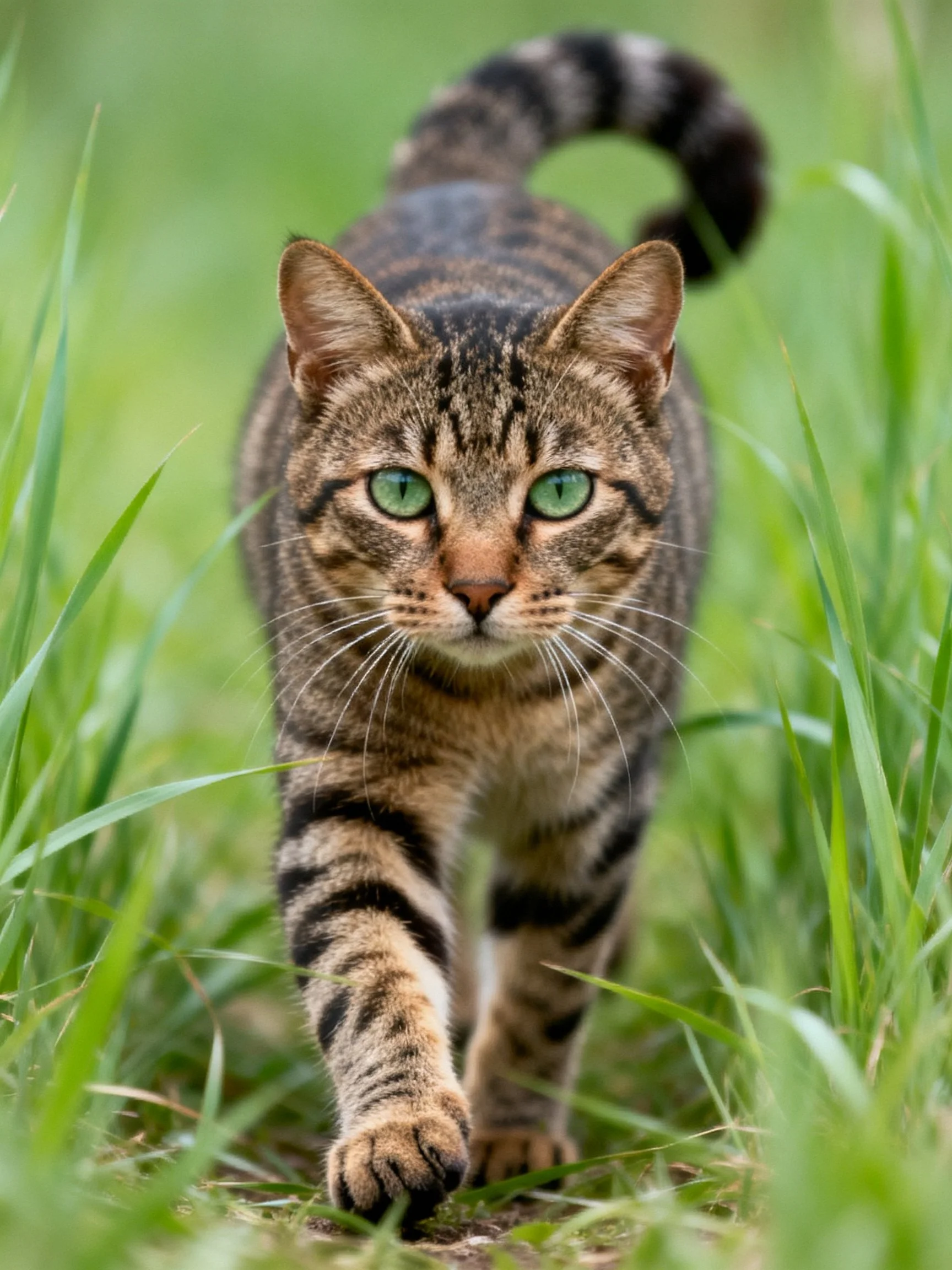 A brown tabby cat with green eyes moves through tall grass.