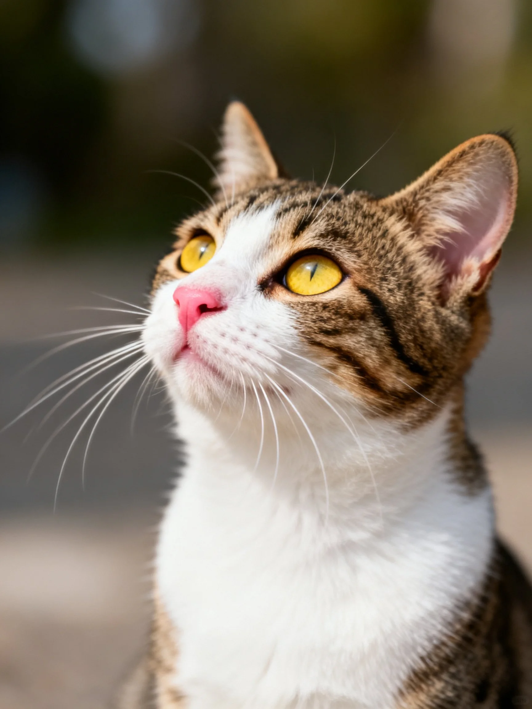 A brown-tabby cat with bright yellow eyes and white chest