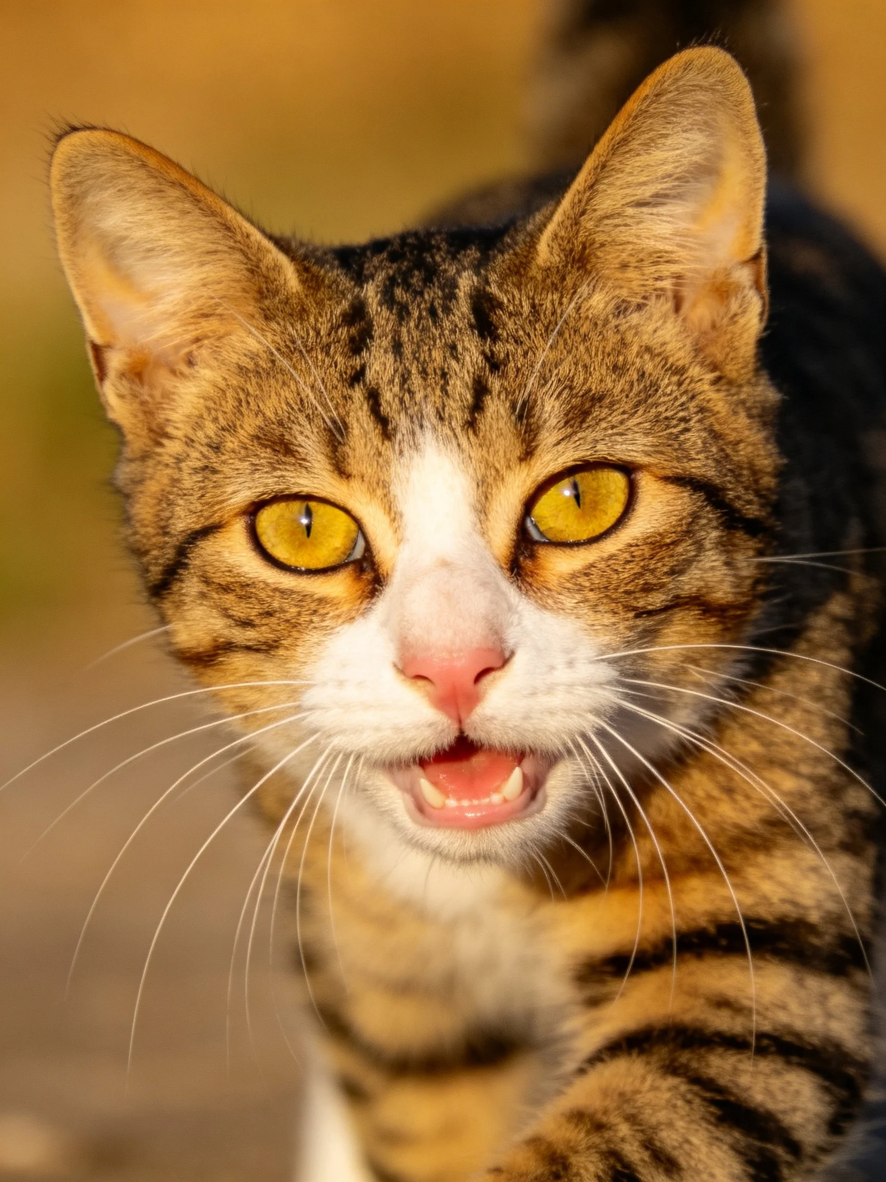 A brown tabby cat with bright yellow eyes and white facial markings is shown up close.