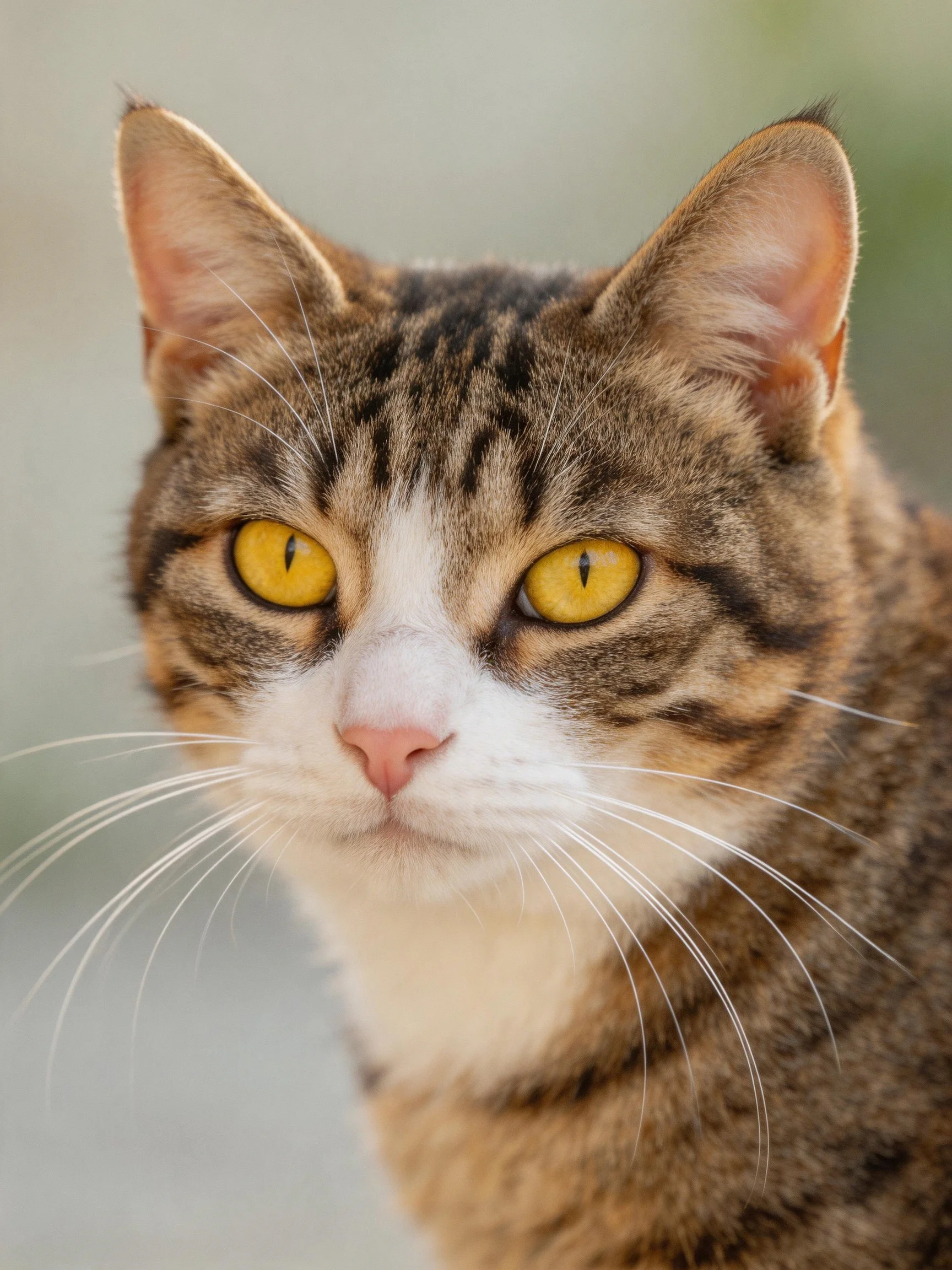 A close - up of a brown tabby cat with striking yellow eyes.