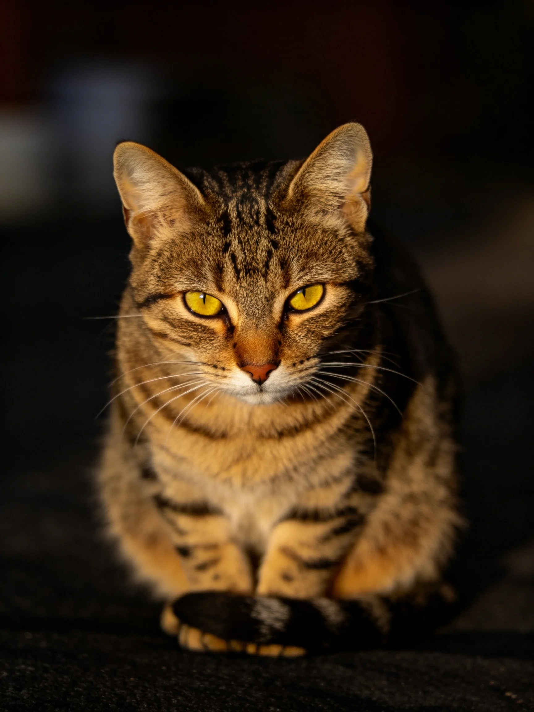 A brown tabby cat with yellow eyes is centered in a dimly lit setting.