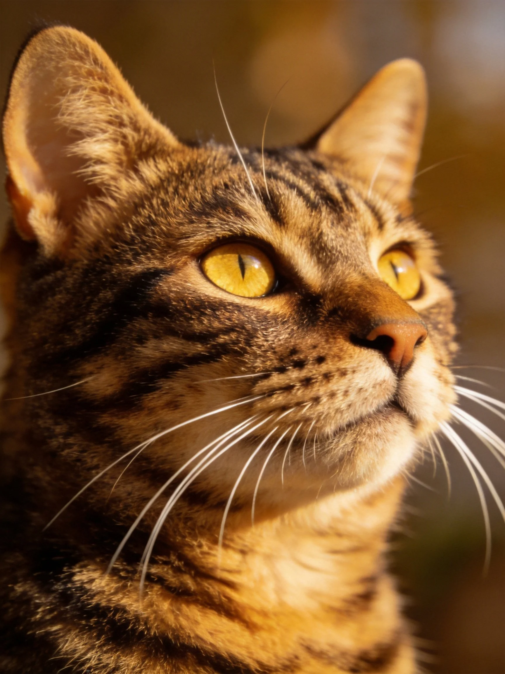 A brown tabby cat gazes upward with bright yellow eyes in a softly lit environment.