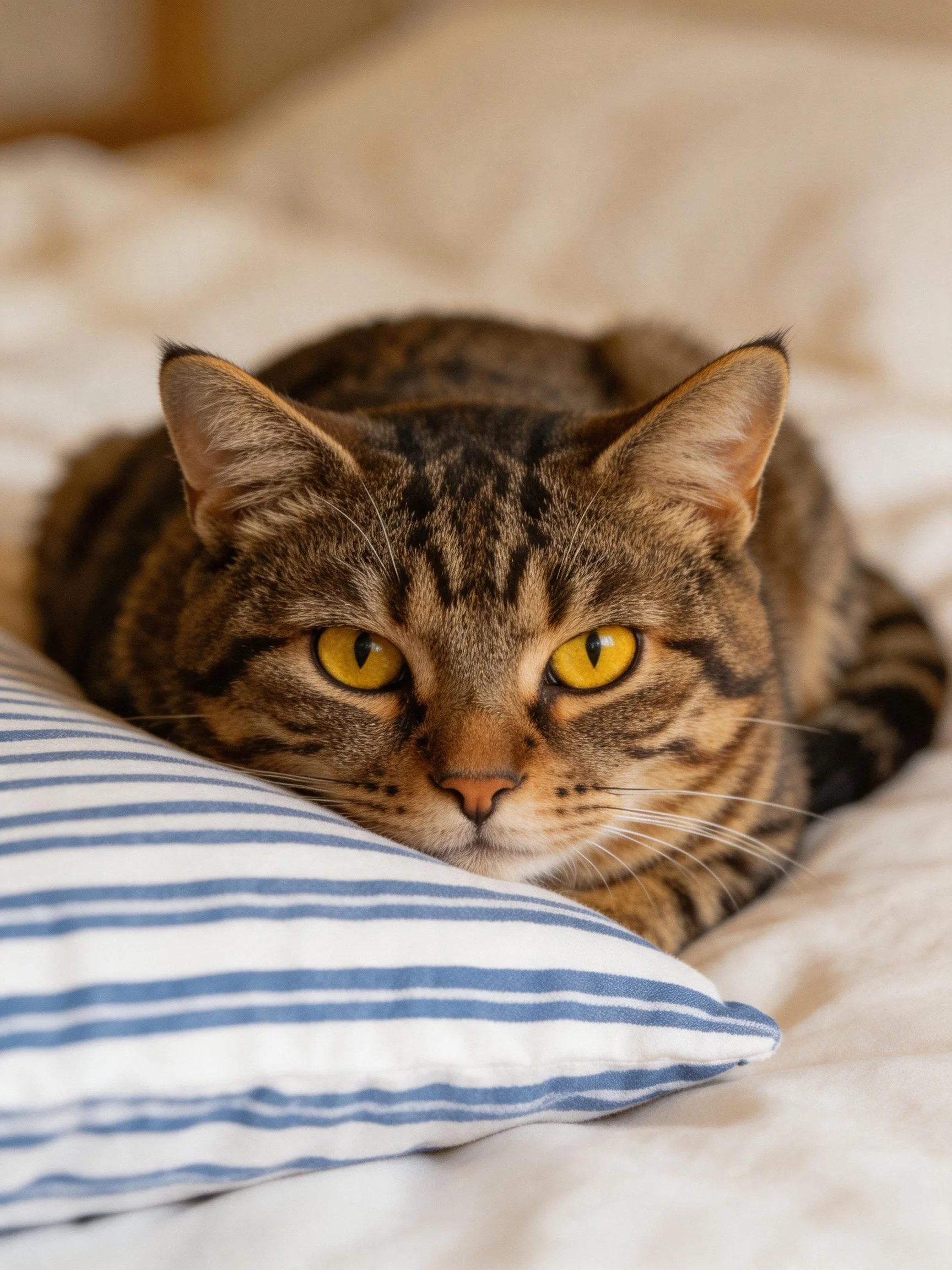 A brown tabby cat with yellow eyes rests beside a blue-striped pillow on soft bedding.
