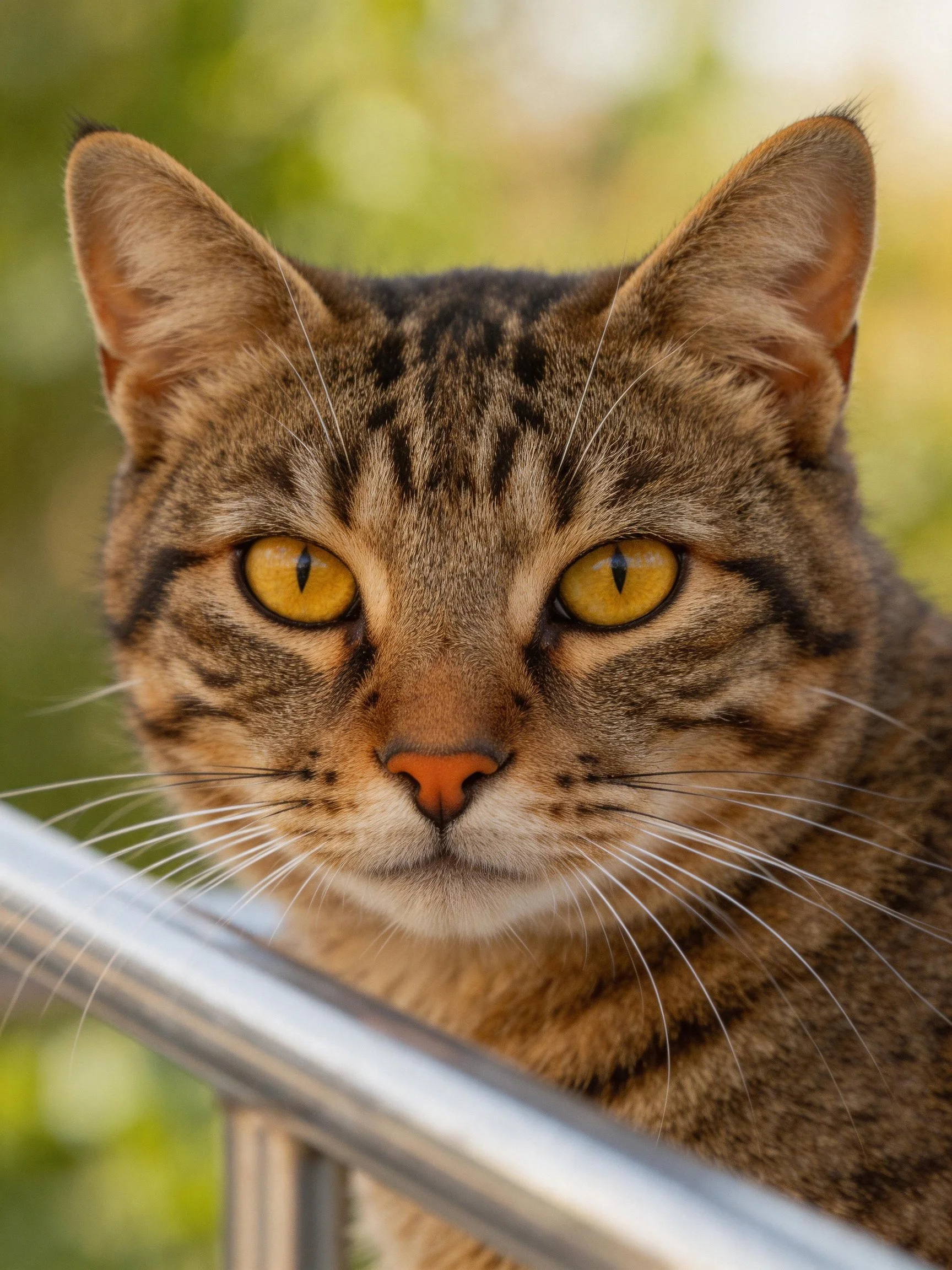 A brown tabby cat with bright yellow eyes sits near a metal railing.