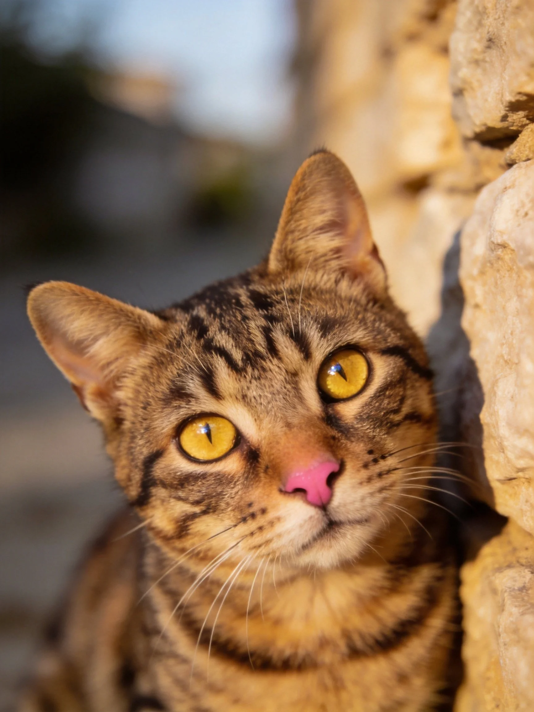 A brown tabby cat with bright yellow eyes sits near a stone wall.