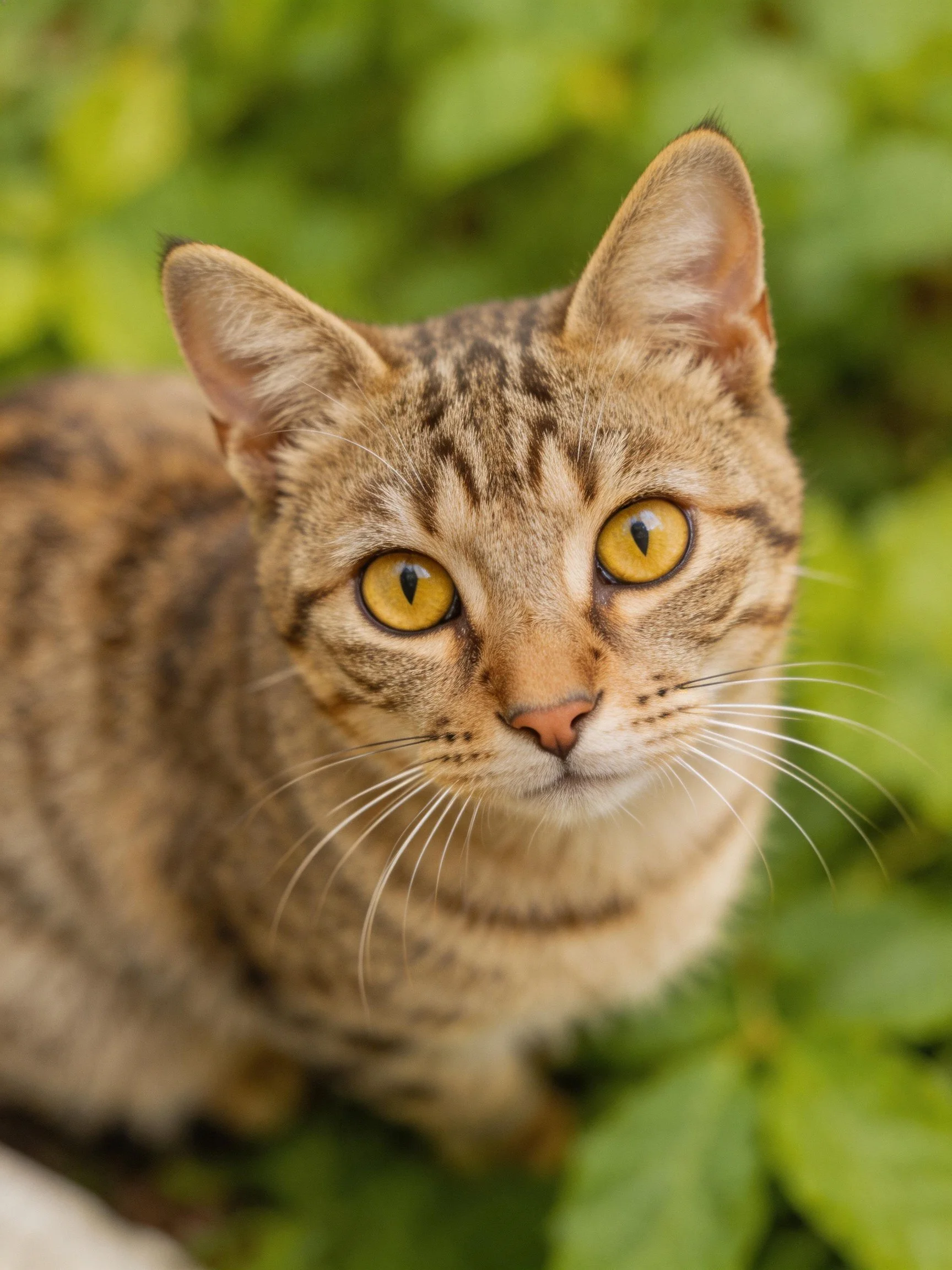 A brown tabby cat with yellow eyes is near green foliage.