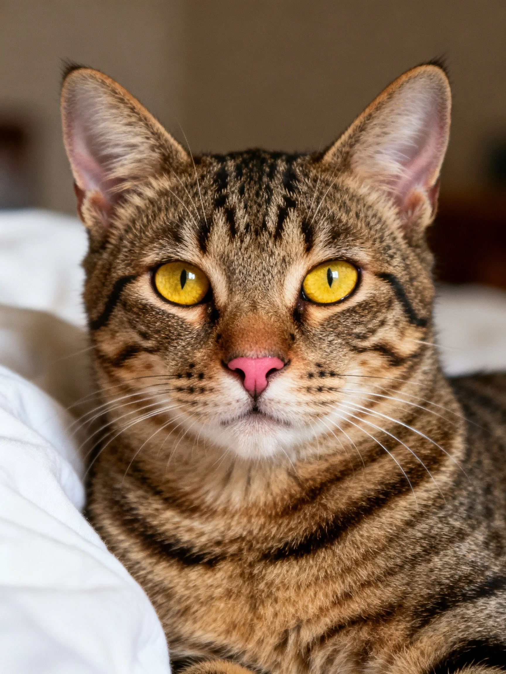 A brown tabby cat with striking yellow eyes rests on soft white bedding.
