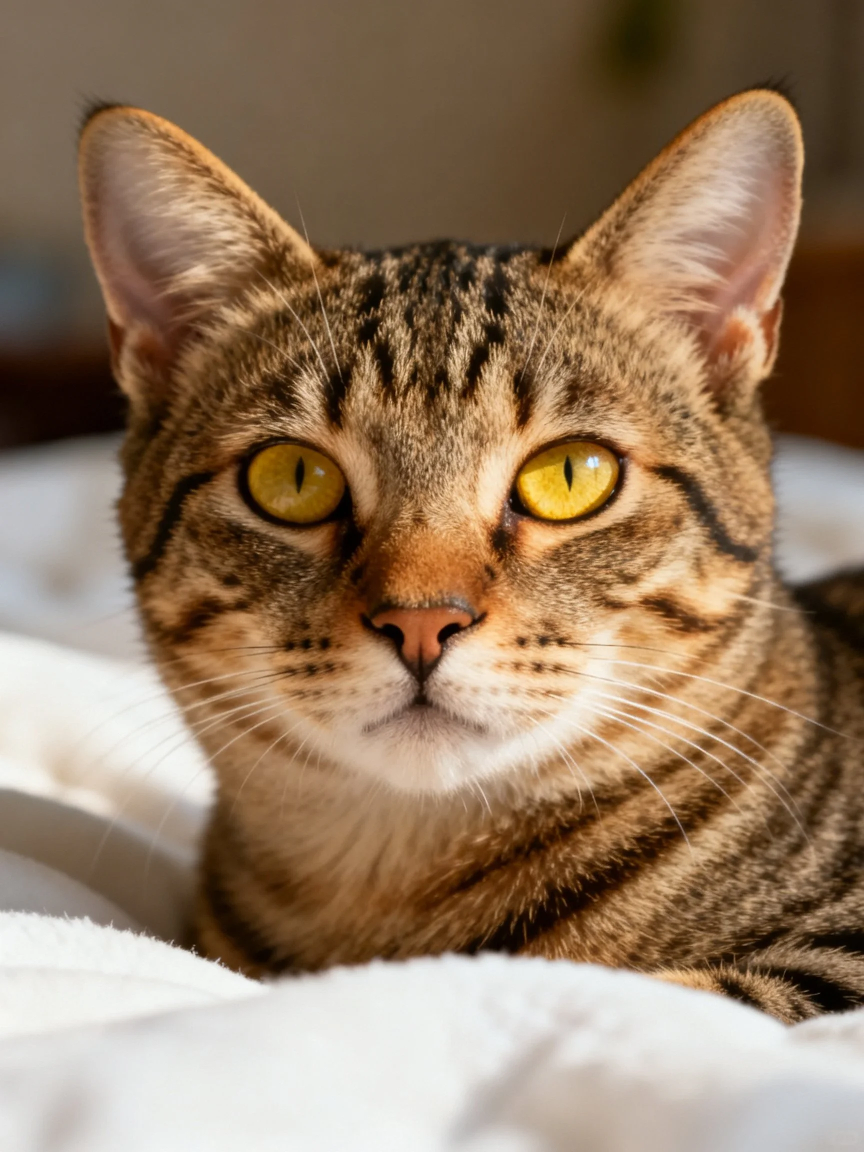 A brown tabby cat with bright yellow eyes relaxes on a white surface.