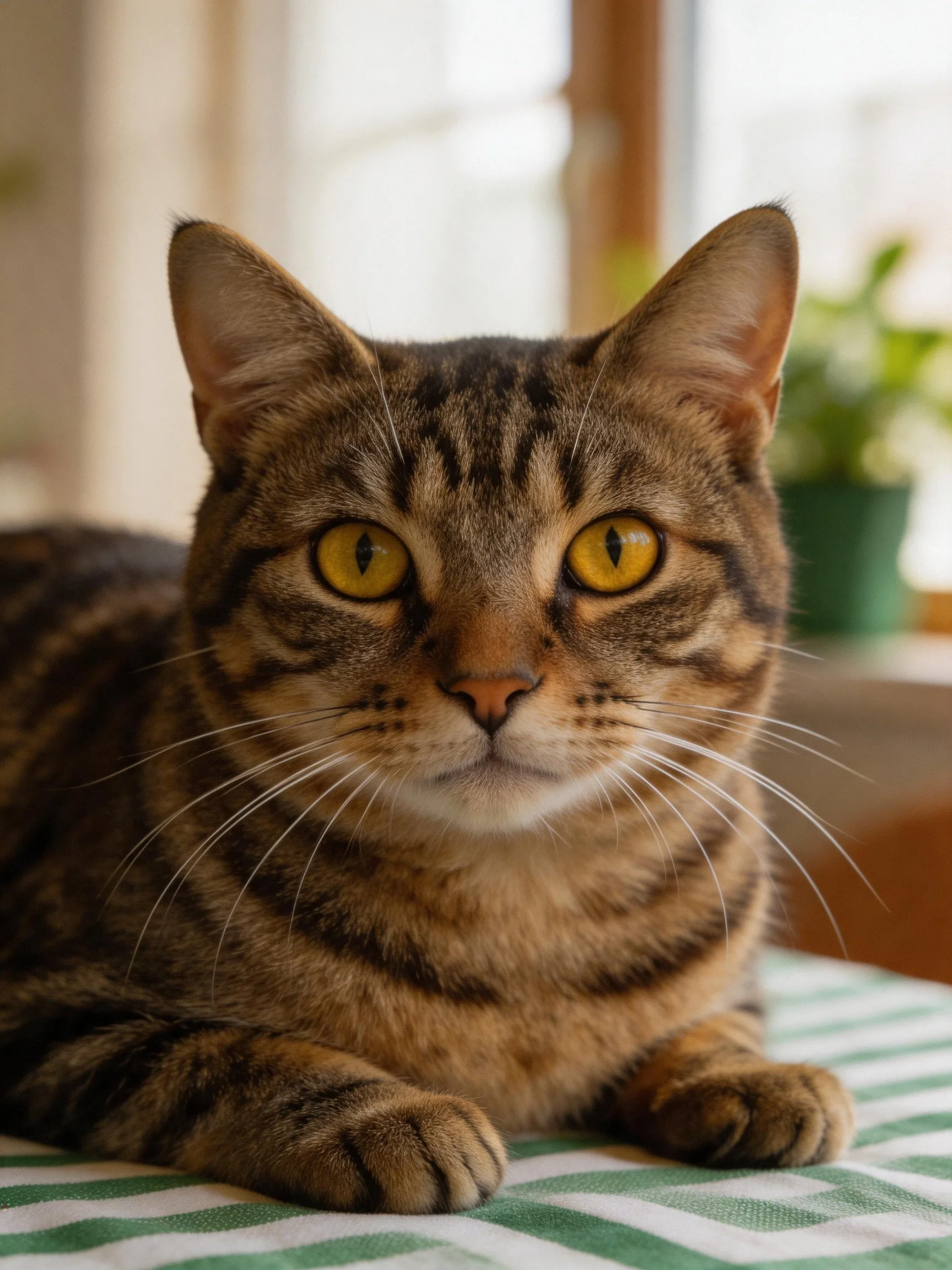 A brown tabby cat with bright yellow eyes rests on a green-striped cloth